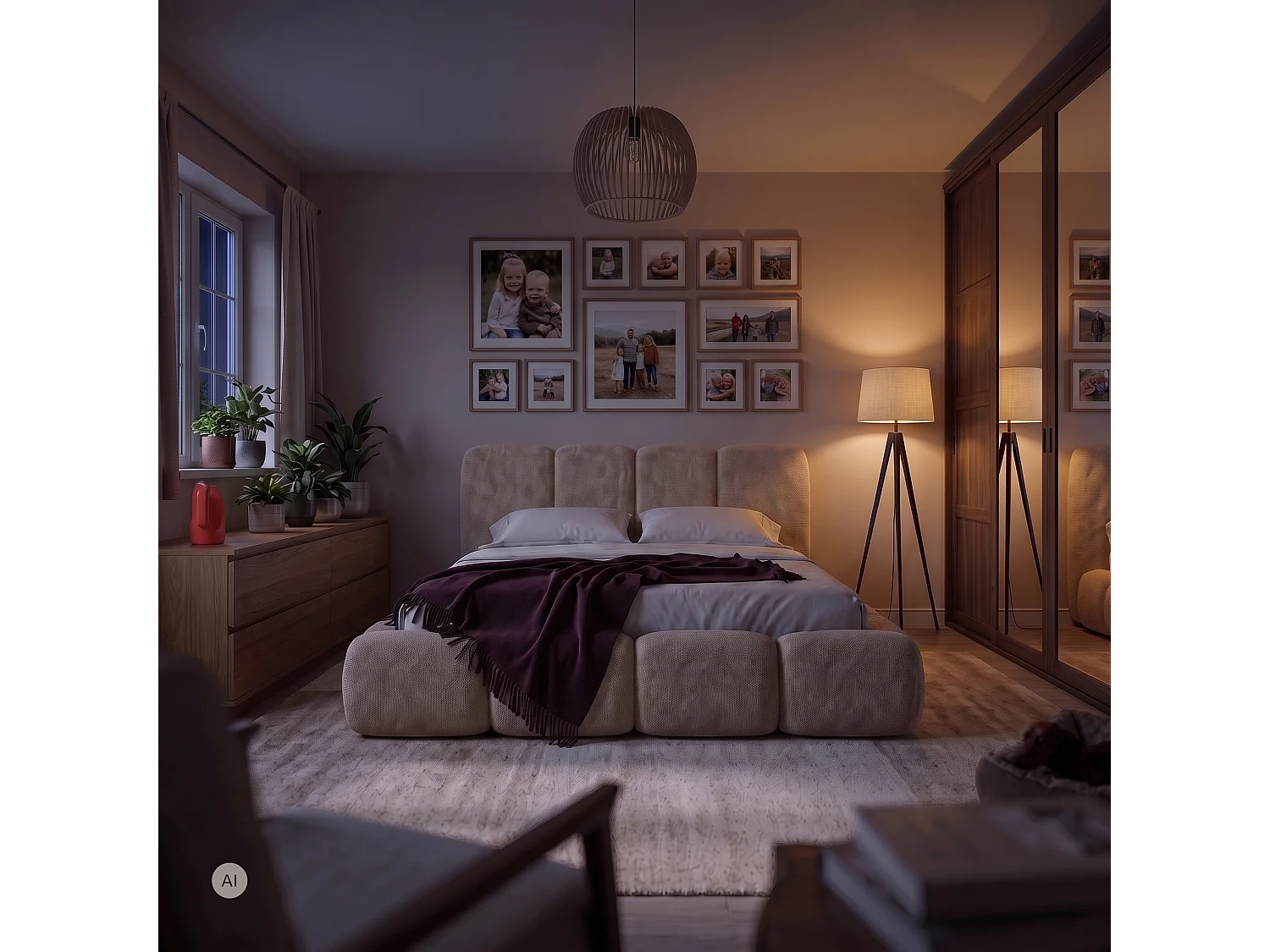 Lit capitonné SUENO MAXI 200x200 cm creme, tête de lit capitonnée, sommier à lattes métalliques, coffre de lit, tissu chenille