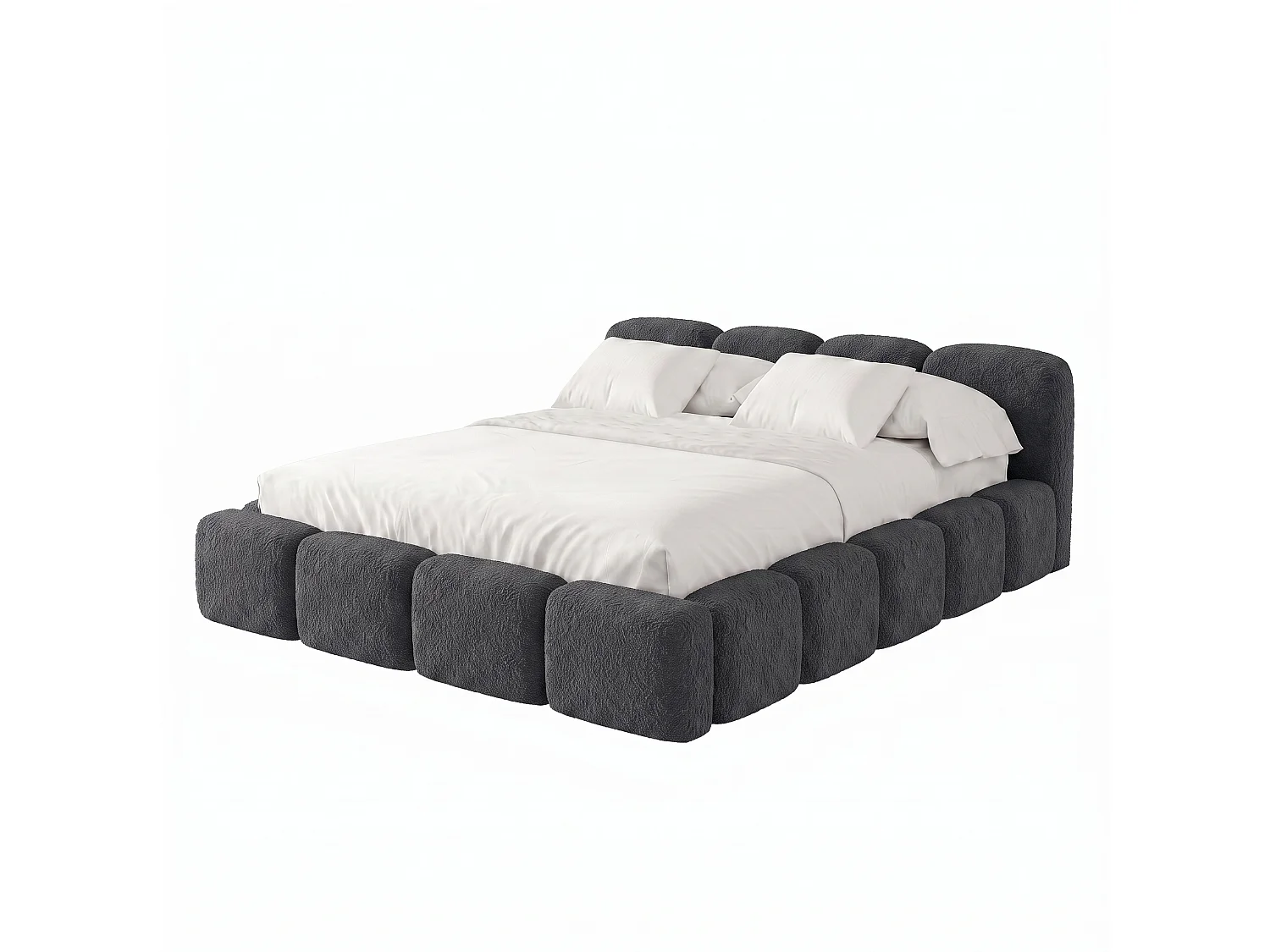Lit rembourré SUENO 200 × 200 cm graphiet, tête de lit capitonnée, sommier métallique, coffre de rangement, tissu bouclé