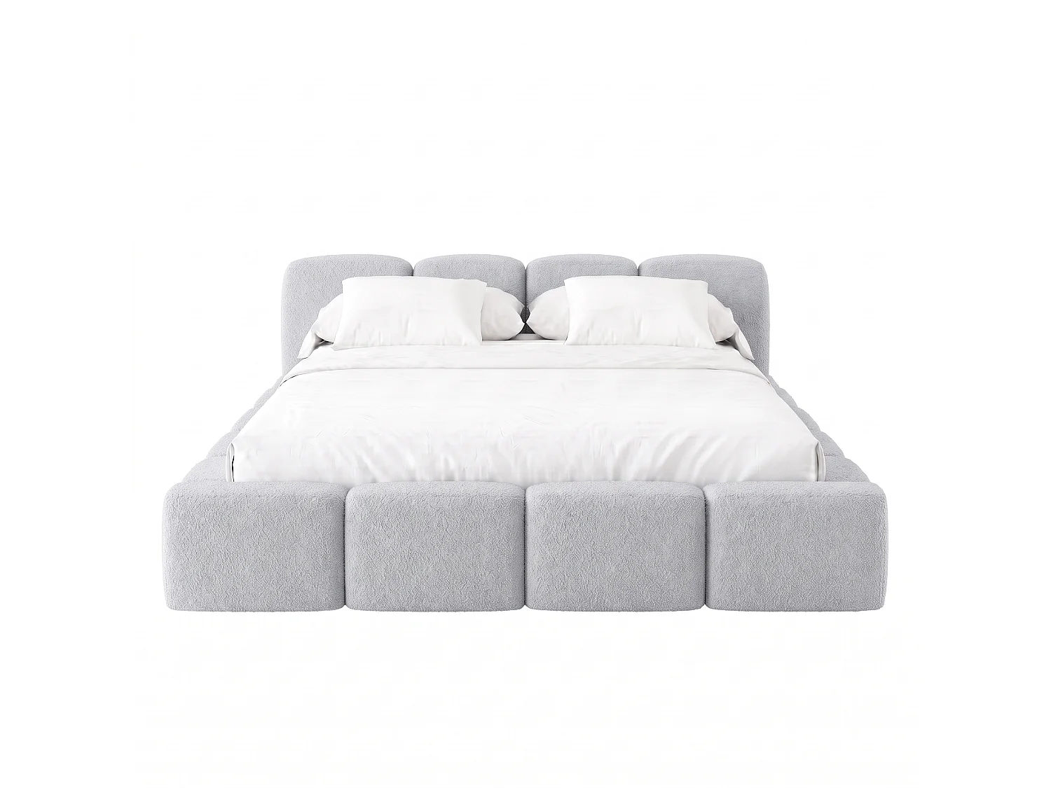 Lit rembourré SUENO 200 × 200 cm gris, tête de lit capitonnée, sommier métallique, coffre de rangement, tissu bouclé
