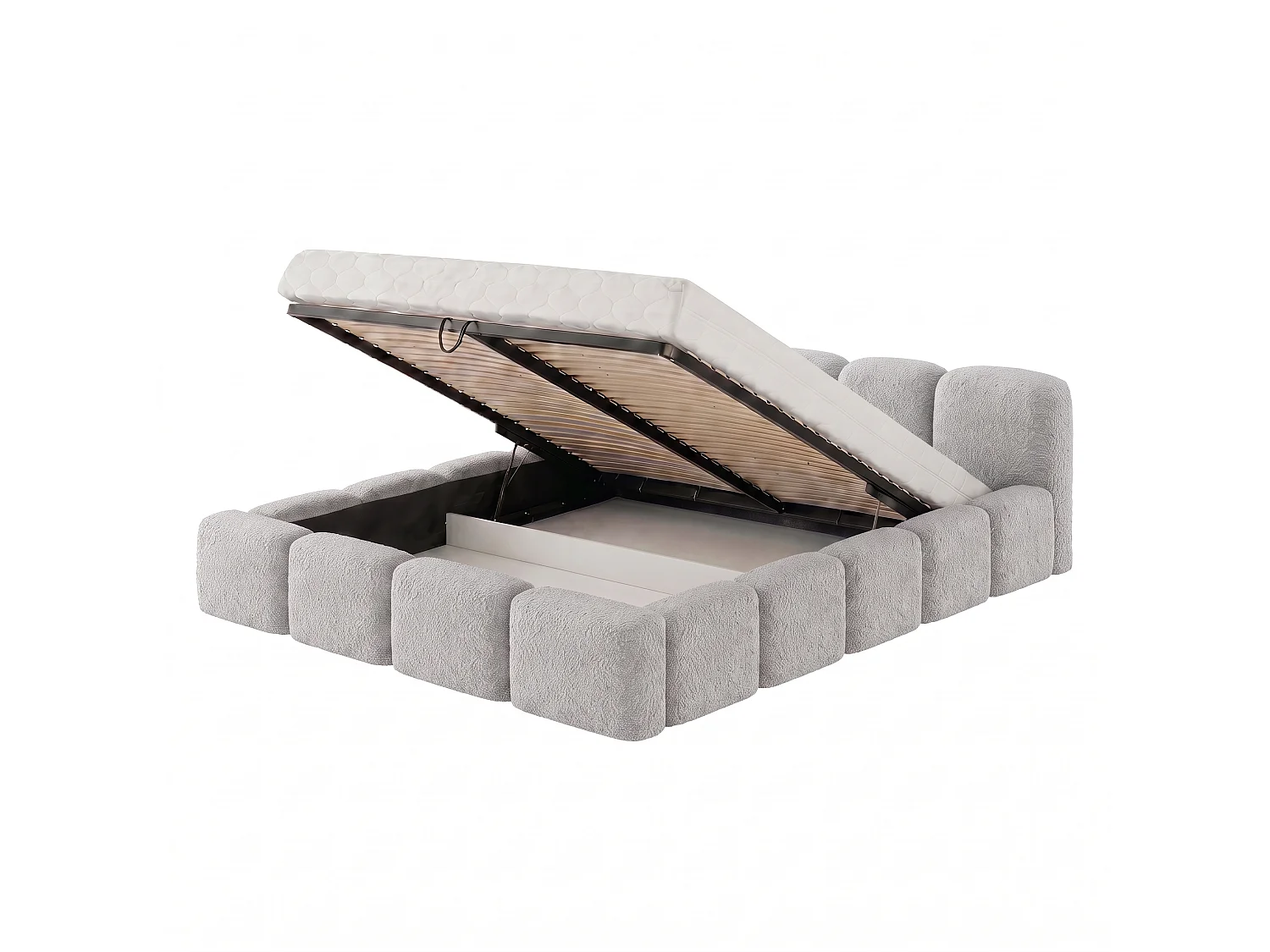 Lit rembourré SUENO 200 × 200 cm gris, tête de lit capitonnée, sommier métallique, coffre de rangement, tissu bouclé