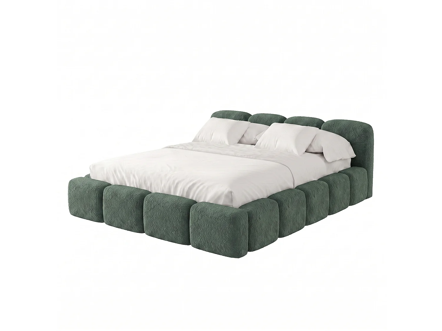 Lit rembourré SUENO 200 × 200 cm vert, tête de lit capitonnée, sommier métallique, coffre de rangement, tissu bouclé