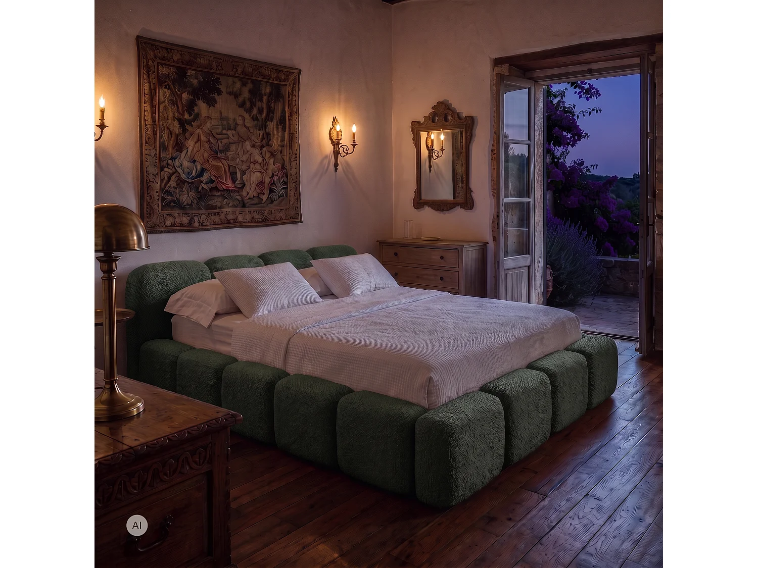 Lit rembourré SUENO 200 × 200 cm vert, tête de lit capitonnée, sommier métallique, coffre de rangement, tissu bouclé
