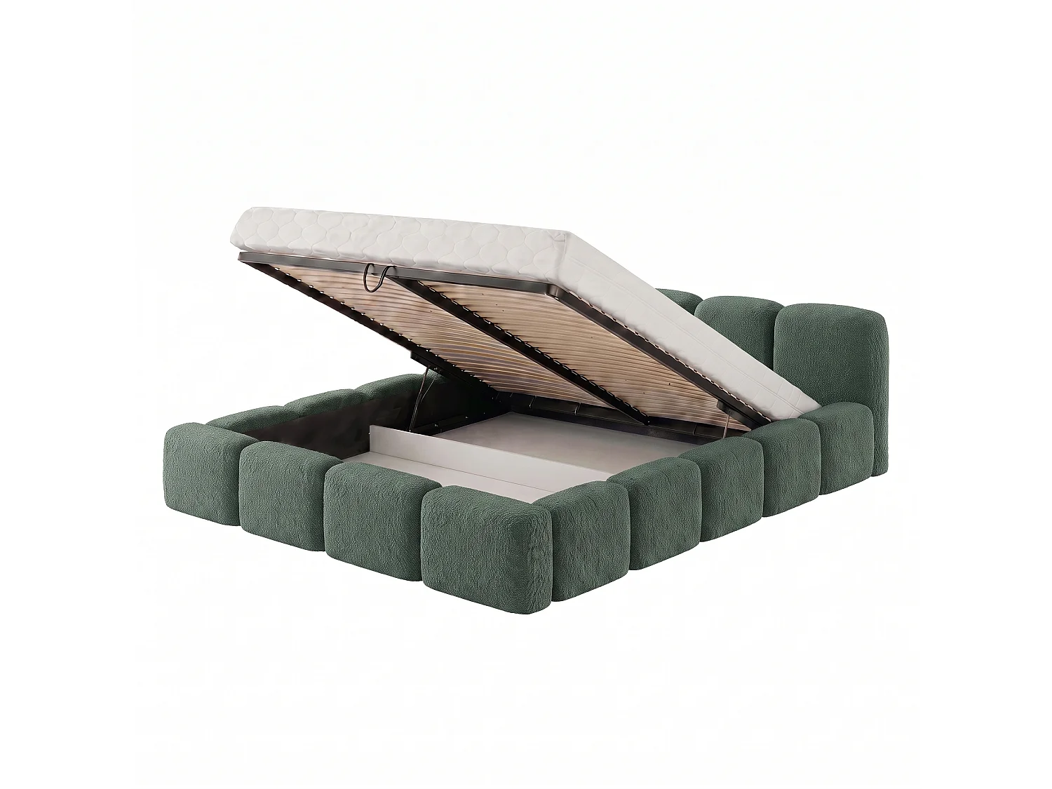 Lit rembourré SUENO 200 × 200 cm vert, tête de lit capitonnée, sommier métallique, coffre de rangement, tissu bouclé