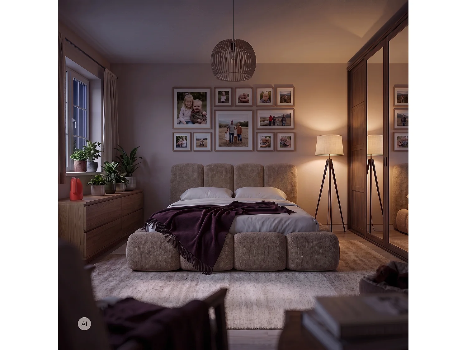 Lit capitonné SUENO MAXI 200x200 cm beige, tête de lit capitonnée, sommier à lattes métalliques, coffre de lit, tissu chenille