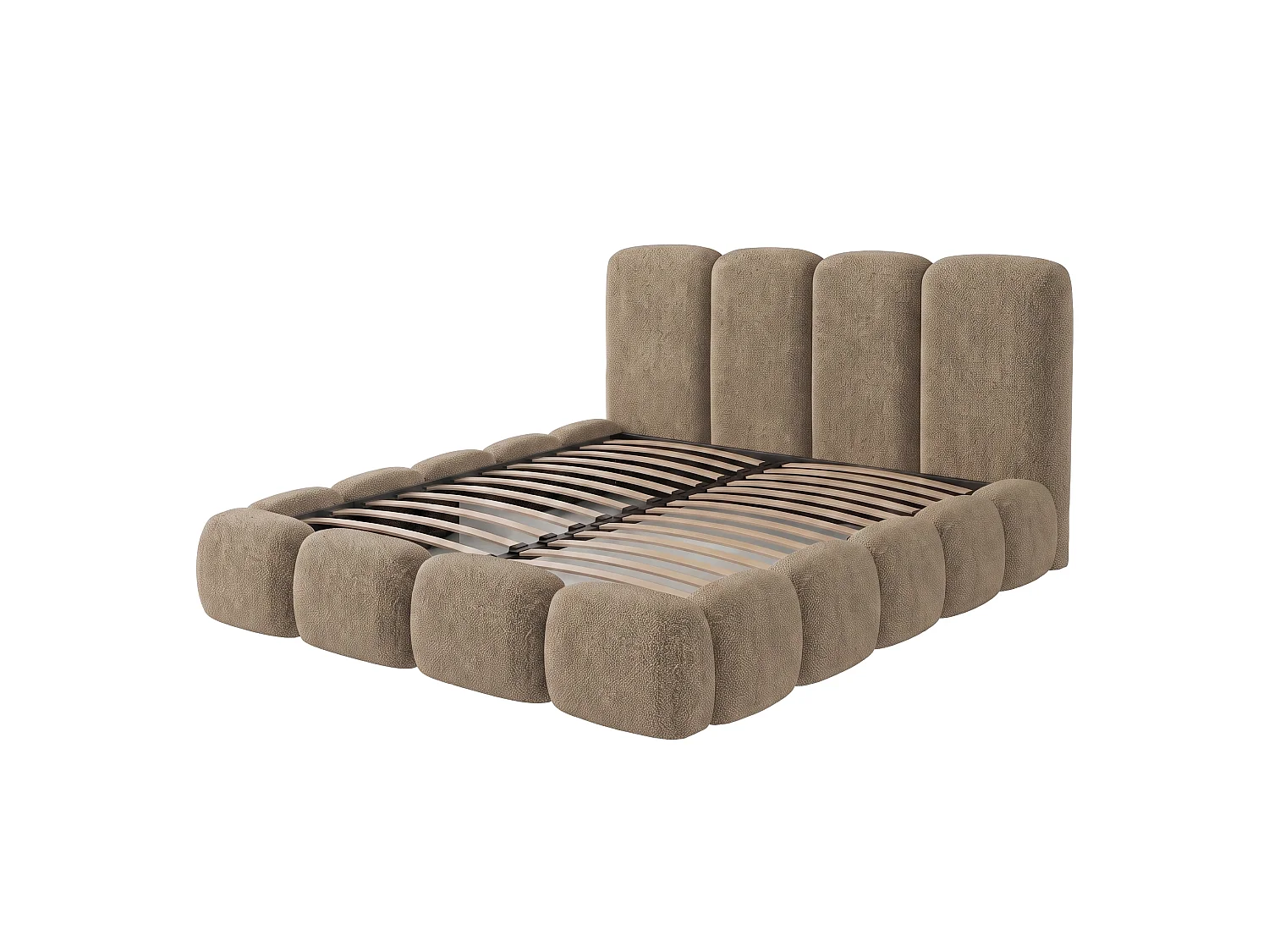 Lit capitonné SUENO MAXI 200x200 cm beige, tête de lit capitonnée, sommier à lattes métalliques, coffre de lit, tissu chenille