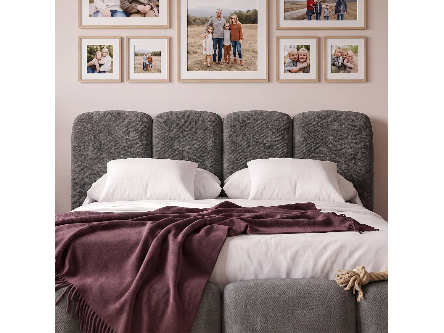 Lit rembourré SUENO MAXI  avec matelas 180 × 200 cm, gris foncé, tête de lit rembourrée, sommier métallique à lattes, coffre de rangement, tissu chenille