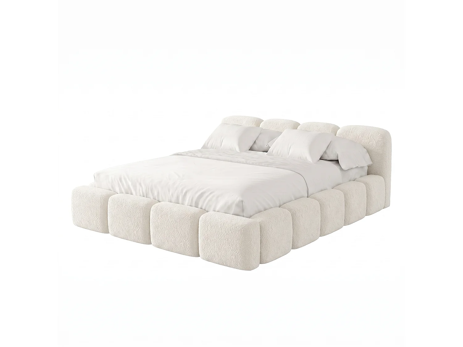 Lit rembourré SUENO avec matelas 200 × 200 cm creme, tête de lit capitonnée, sommier métallique, coffre de rangement, tissu bouclé