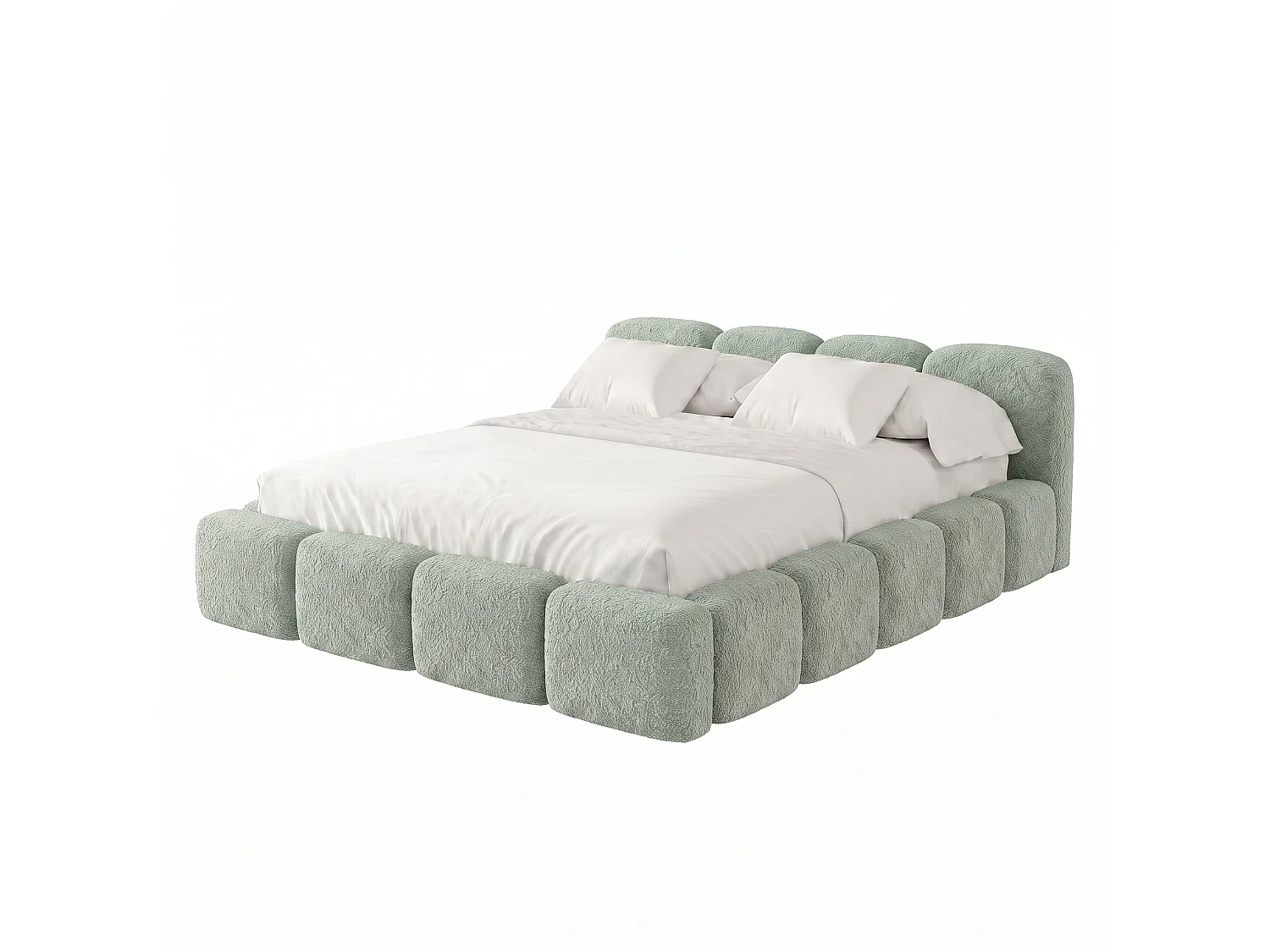 Lit rembourré SUENO 200 × 200 cm vert menthe, tête de lit capitonnée, sommier métallique, coffre de rangement, tissu bouclé