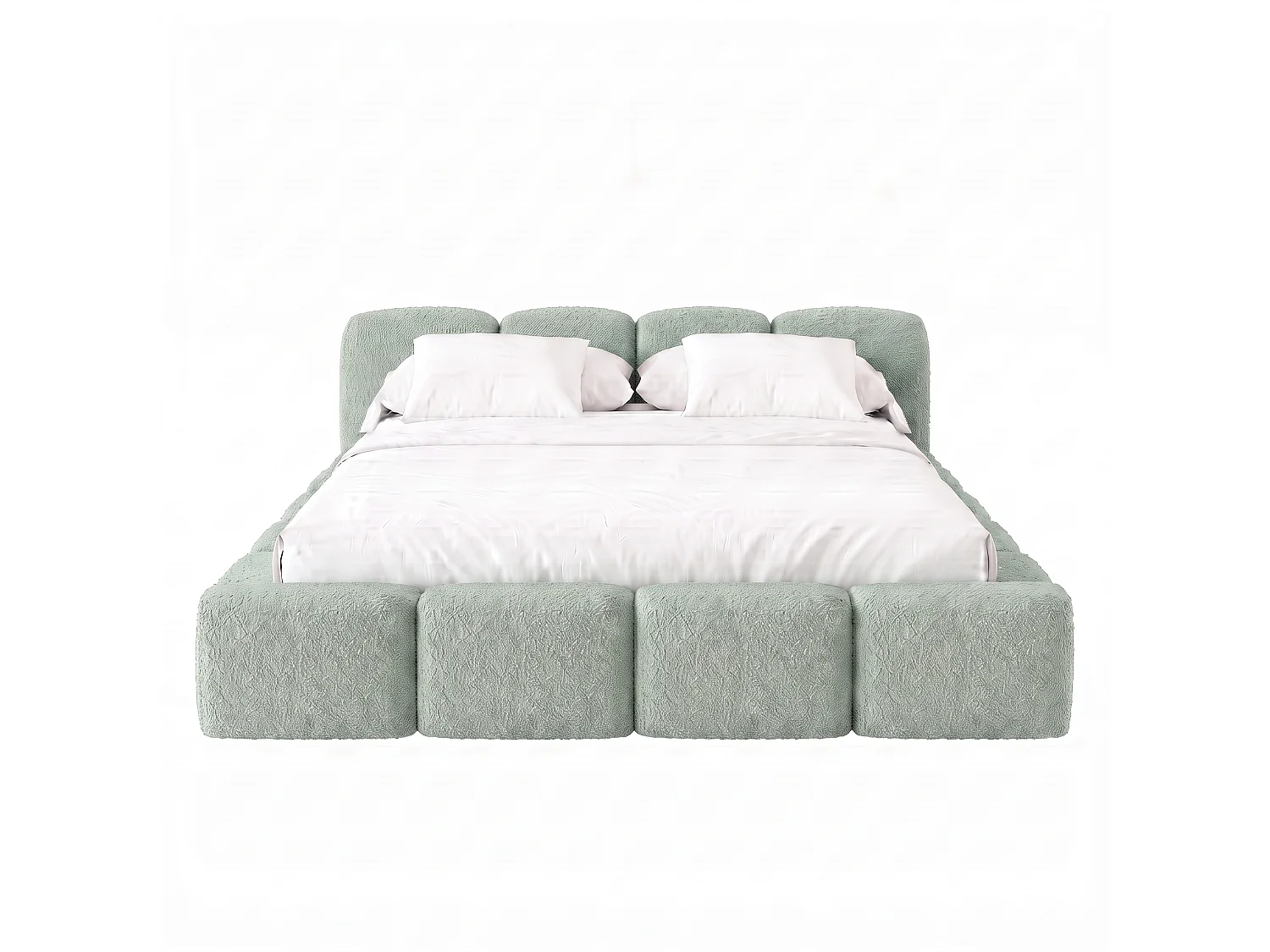 Lit rembourré SUENO 200 × 200 cm vert menthe, tête de lit capitonnée, sommier métallique, coffre de rangement, tissu bouclé