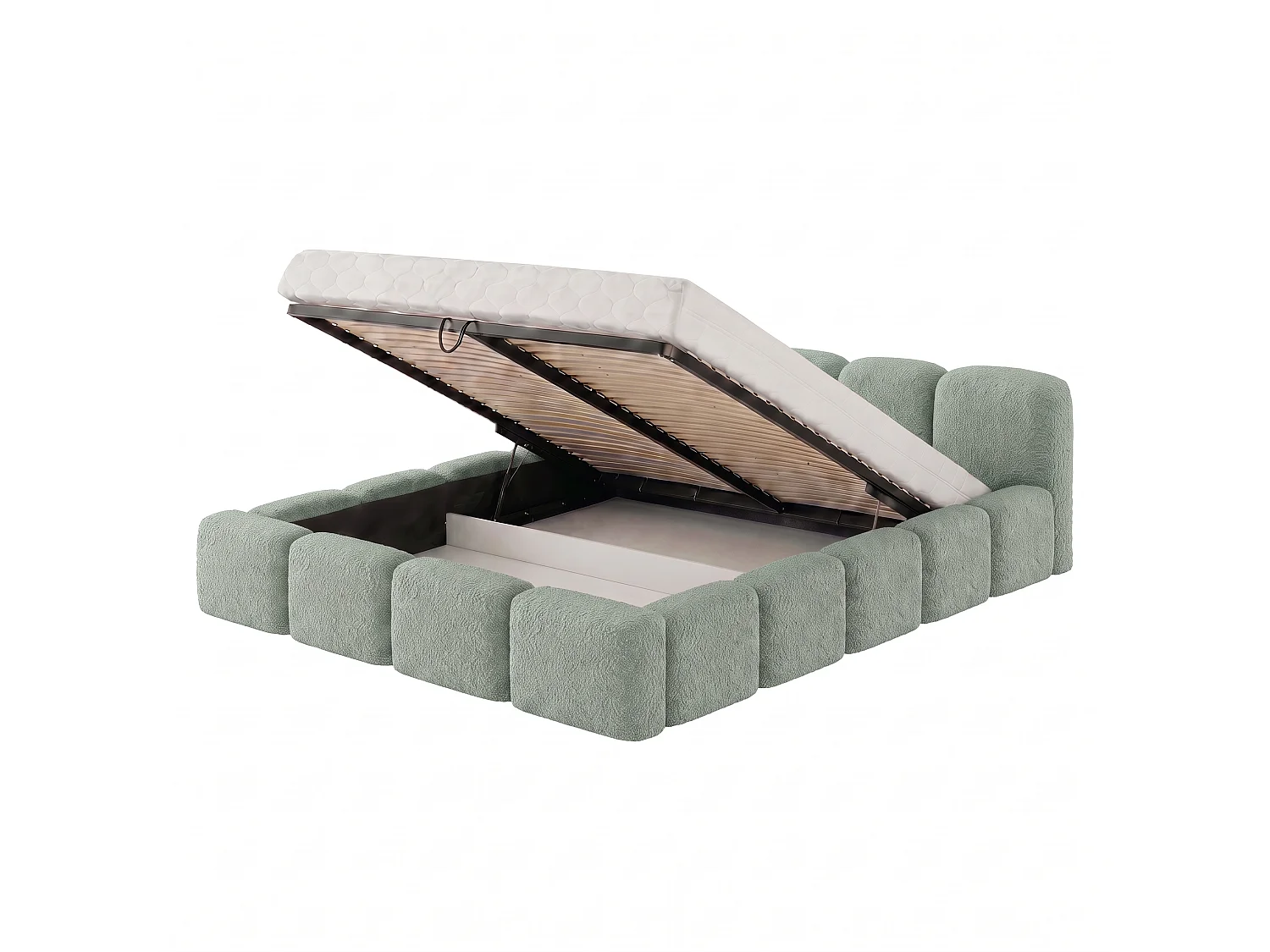 Lit rembourré SUENO 200 × 200 cm vert menthe, tête de lit capitonnée, sommier métallique, coffre de rangement, tissu bouclé
