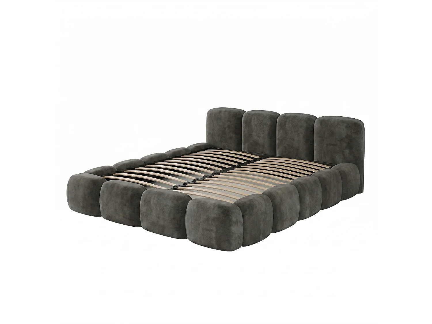 Lit rembourré SUENO 180 × 200 cm graphiet, tête de lit capitonnée, sommier métallique, coffre de rangement, tissu velours