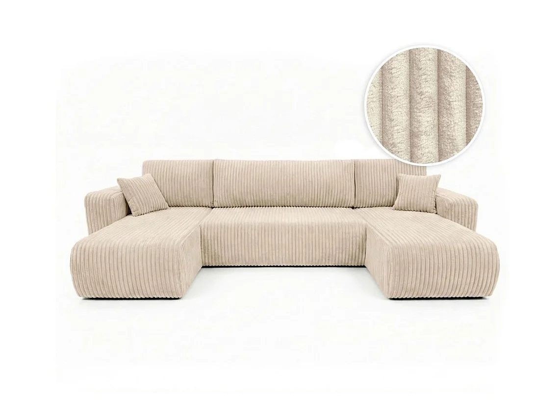 Canapé d'angle panoramique convertible 6 places en velours cotele beige MELO U