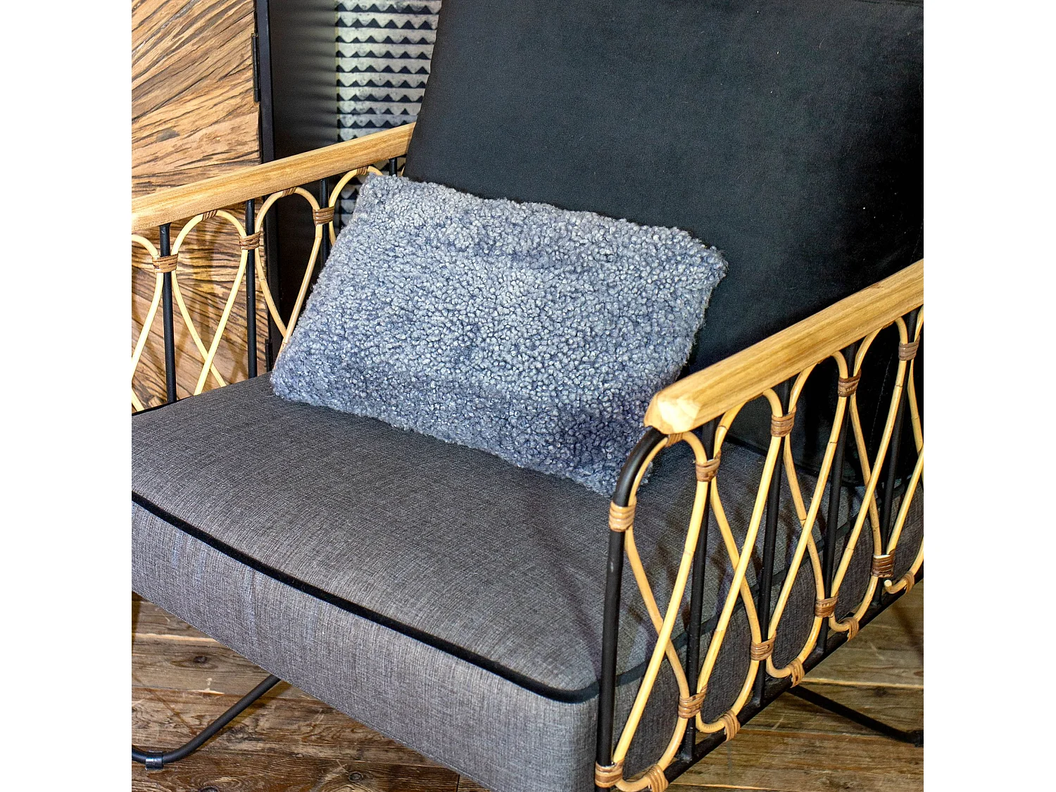 Now's Home - Coussin Bleu/gris 25x40 Montone Double Face En Mouton Retourne