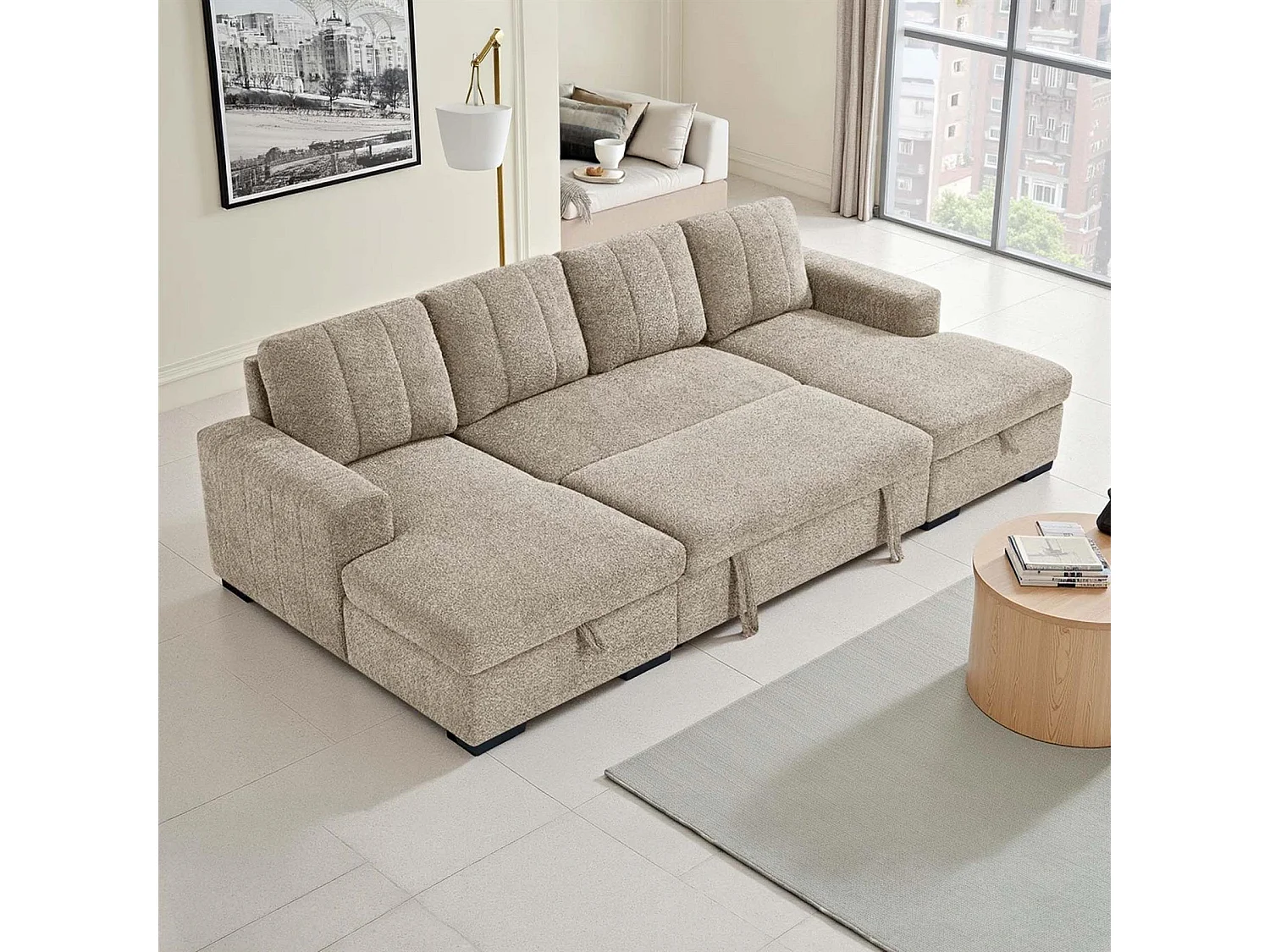 Comaro Beige U Shaped Sofa Bed 5 Seater with Twin Storage Chaises
