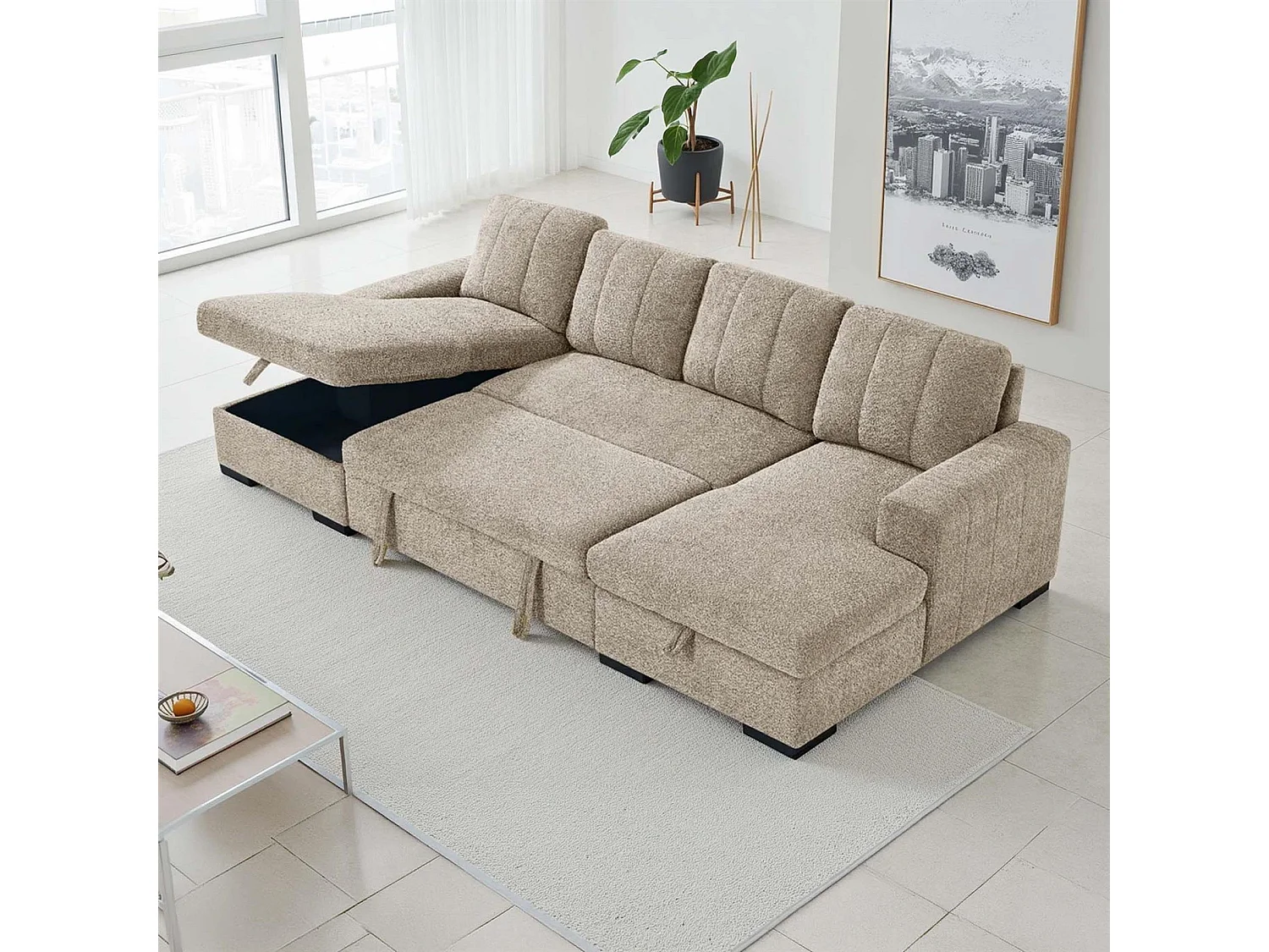 Comaro Beige U Shaped Sofa Bed 5 Seater with Twin Storage Chaises