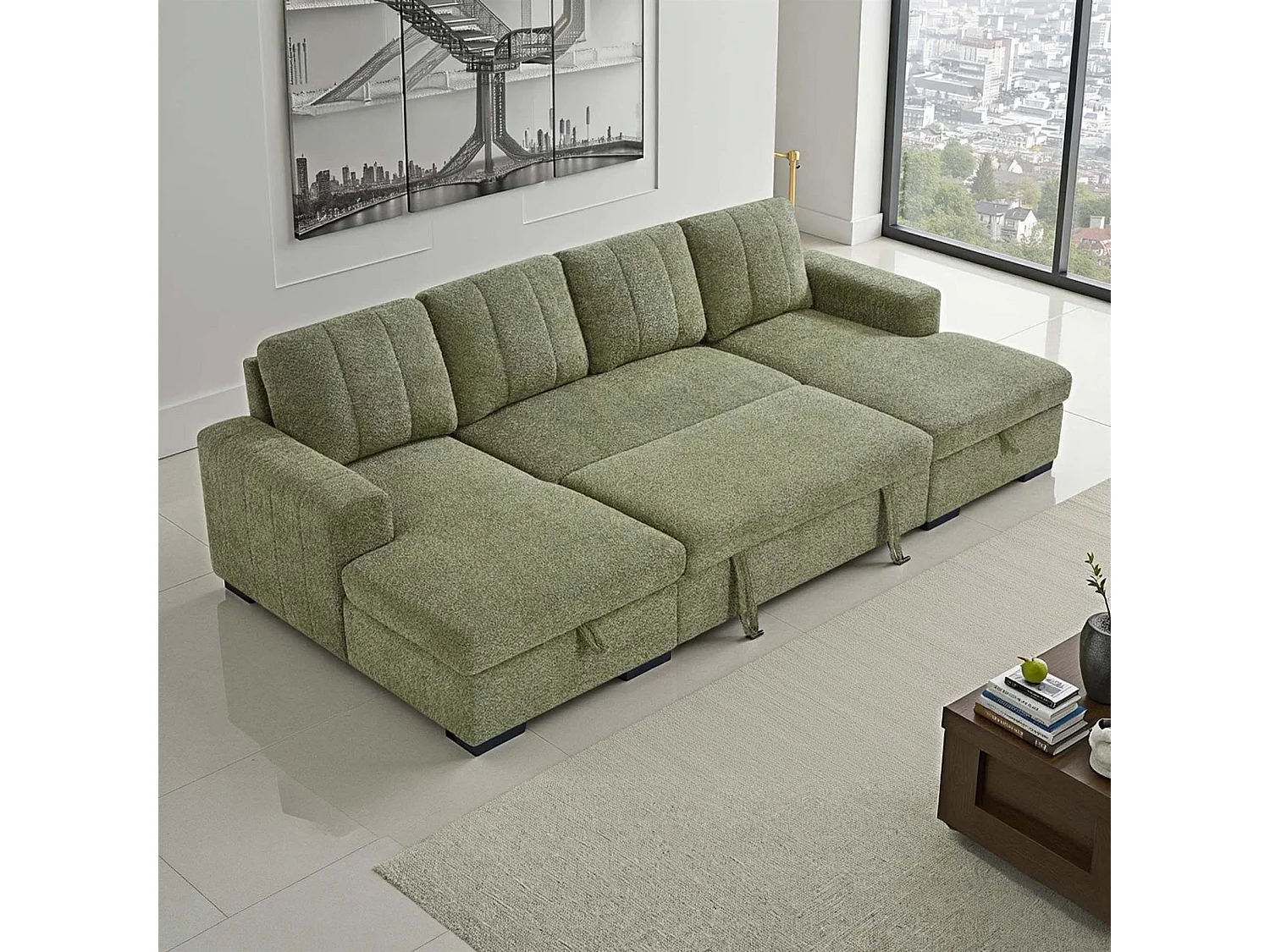 Comaro Green U Shaped Sofa Bed 5 Seater with Twin Storage Chaises