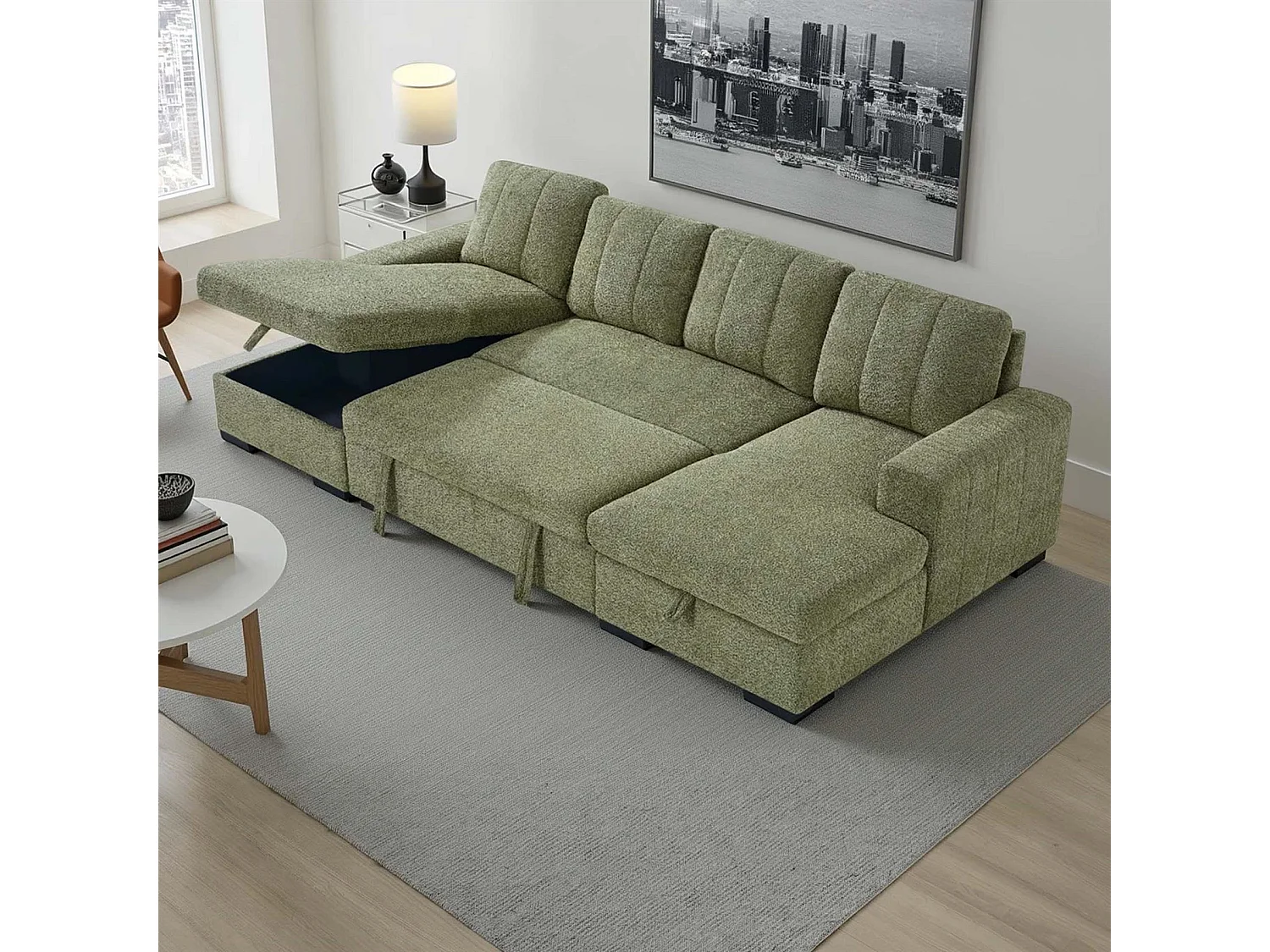 Comaro Green U Shaped Sofa Bed 5 Seater with Twin Storage Chaises