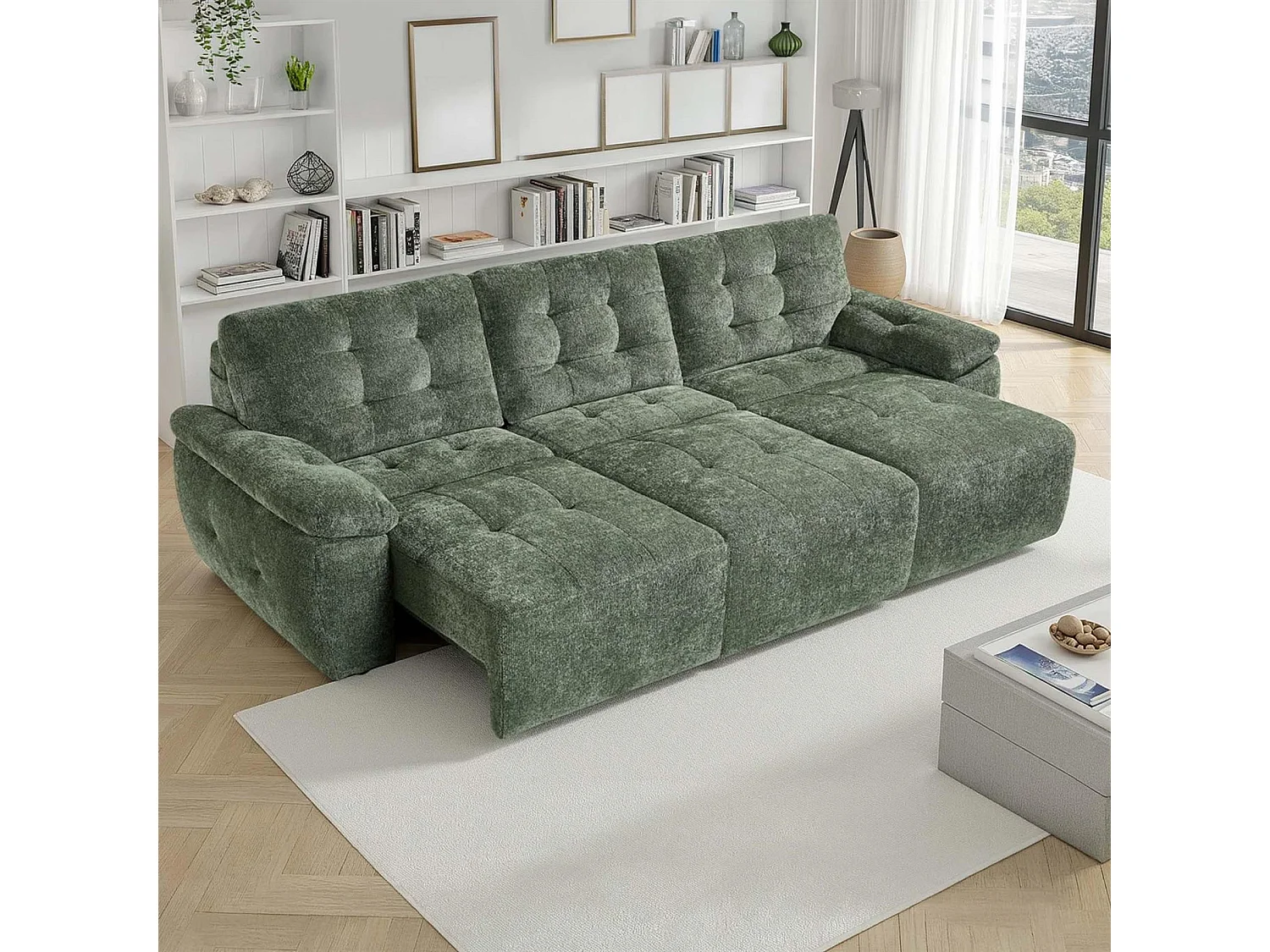 Drayton Green Electric Sofa Bed 3 Seater with Power Sliding Seats