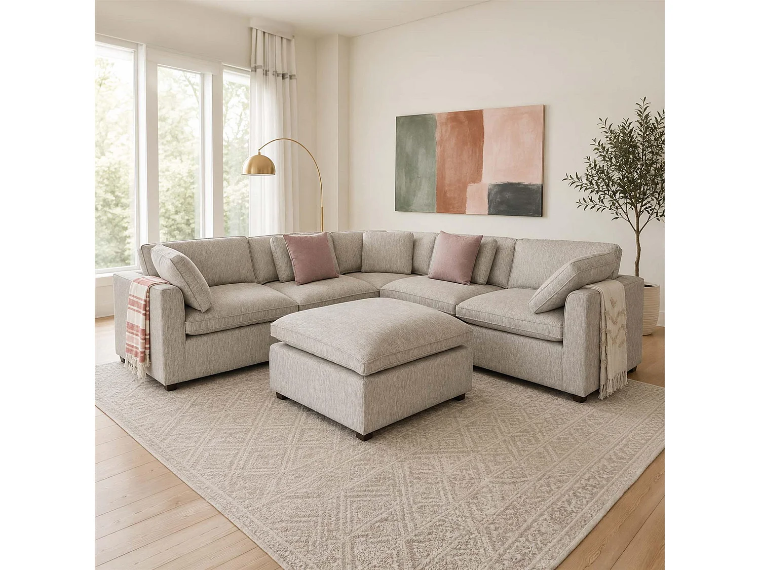 Seaton Grey 5 Seater Linen Weave Corner Sofa with Footstool