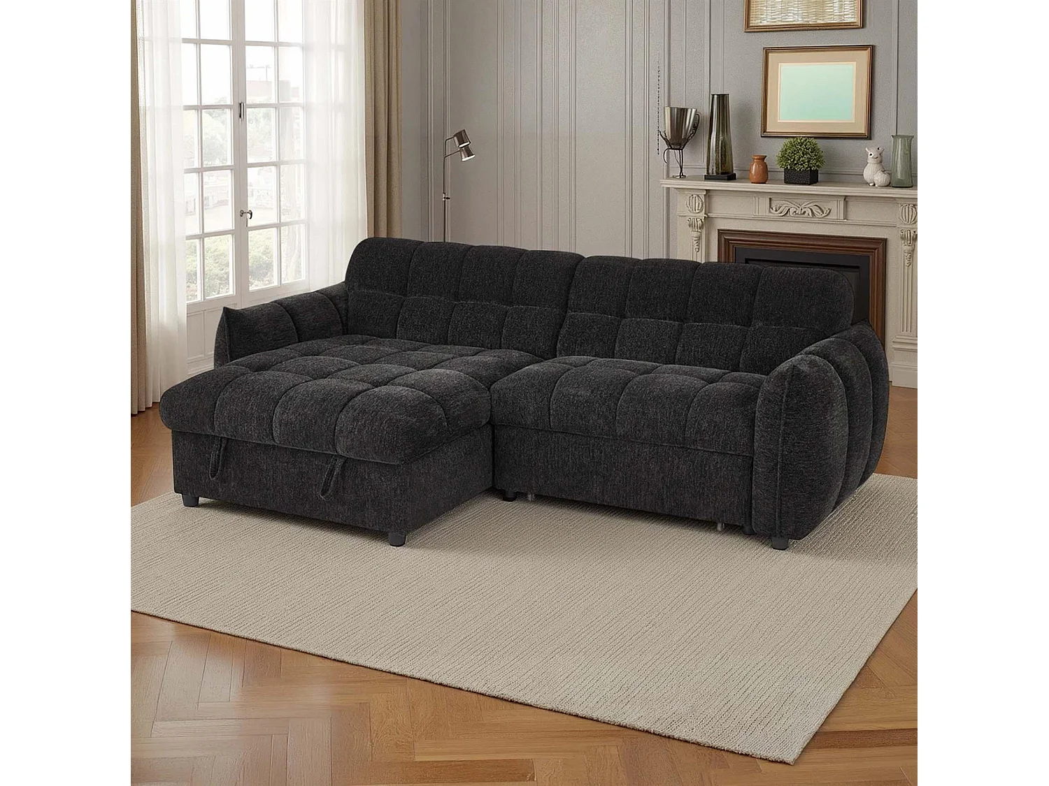 Fenton Black Universal Corner Sofa Bed with Storage Chaise Chenille