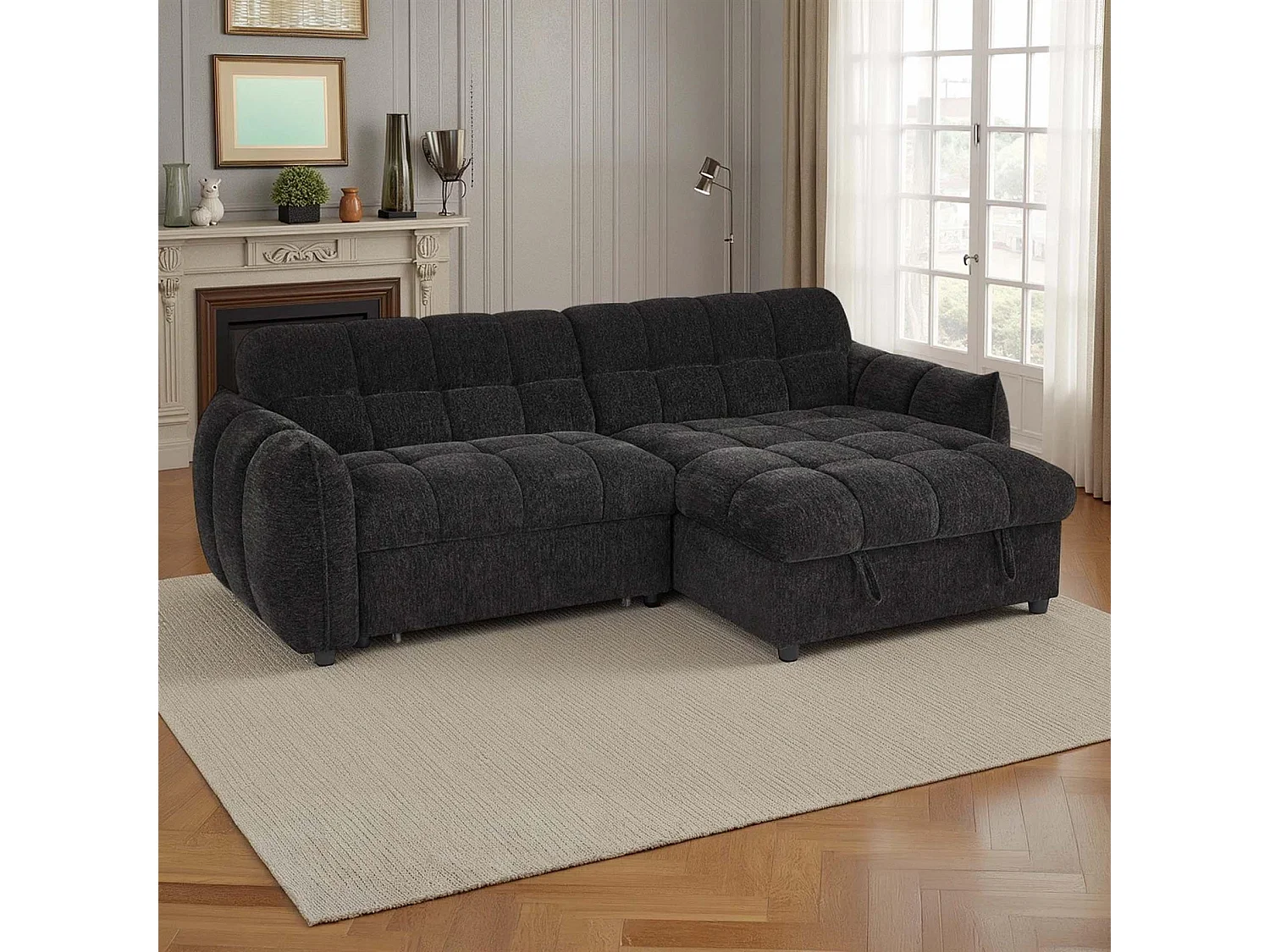Fenton Black Universal Corner Sofa Bed with Storage Chaise Chenille