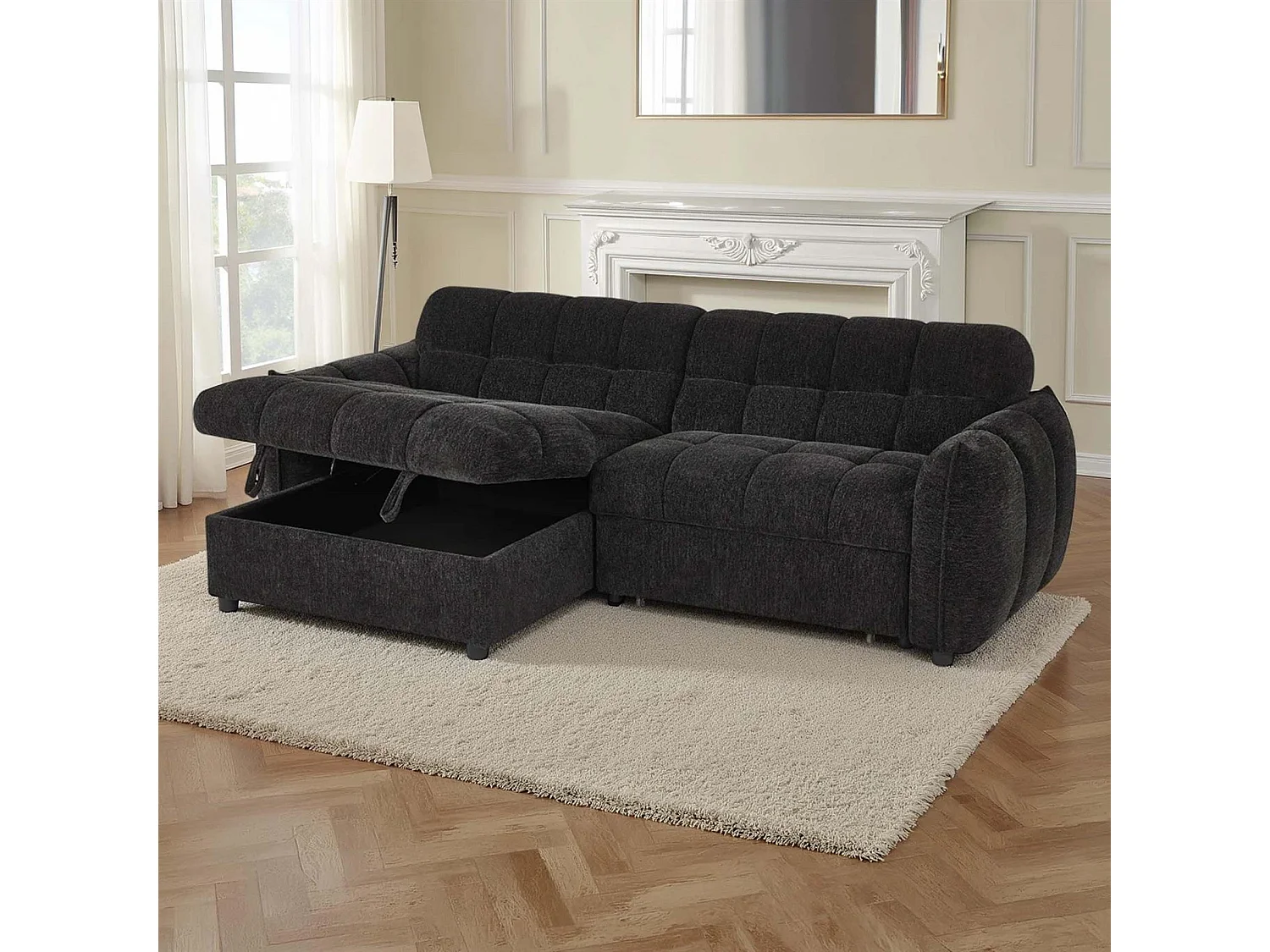 Fenton Black Universal Corner Sofa Bed with Storage Chaise Chenille