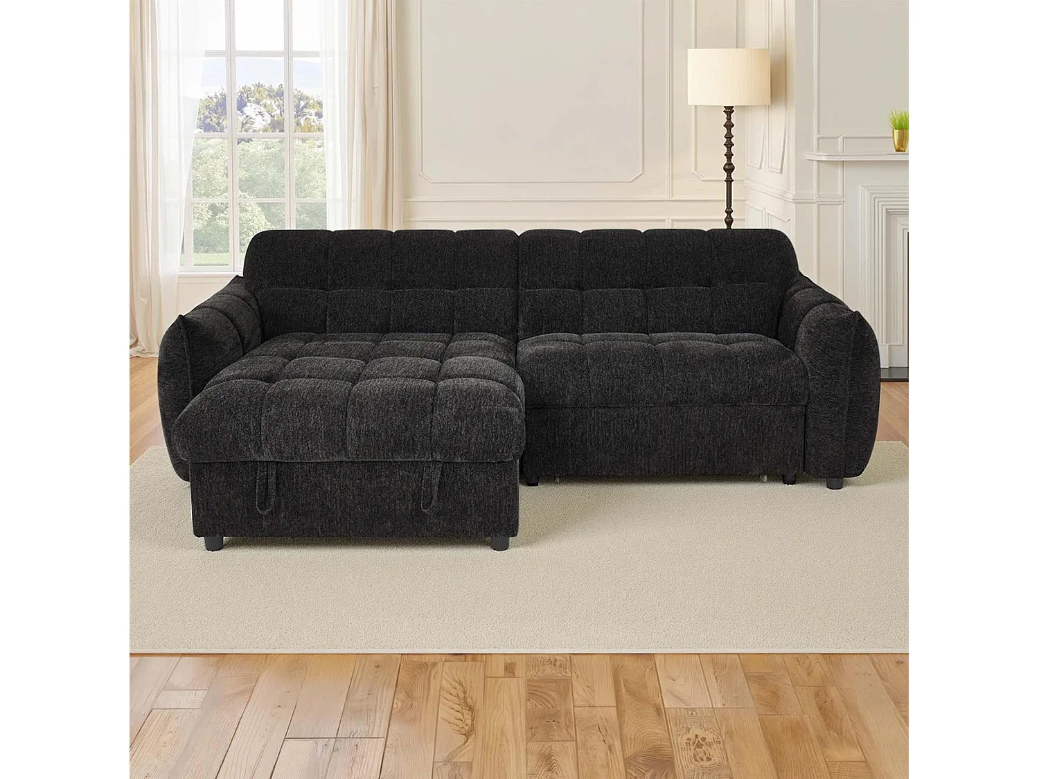 Fenton Black Universal Corner Sofa Bed with Storage Chaise Chenille