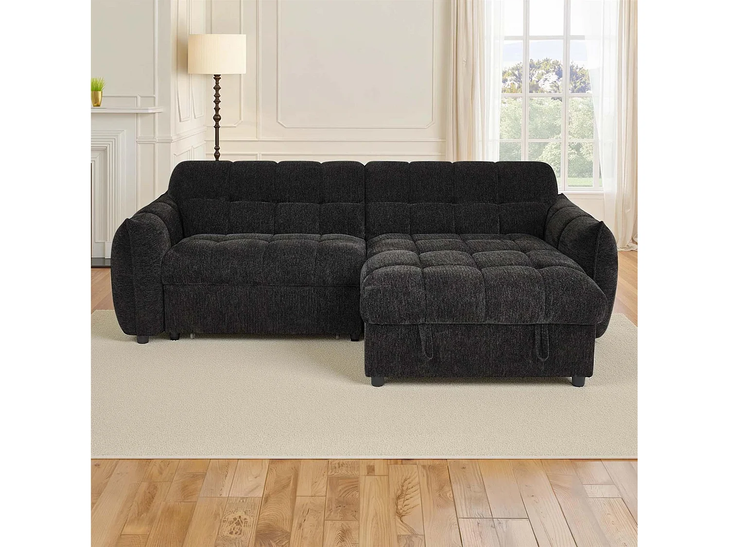 Fenton Black Universal Corner Sofa Bed with Storage Chaise Chenille