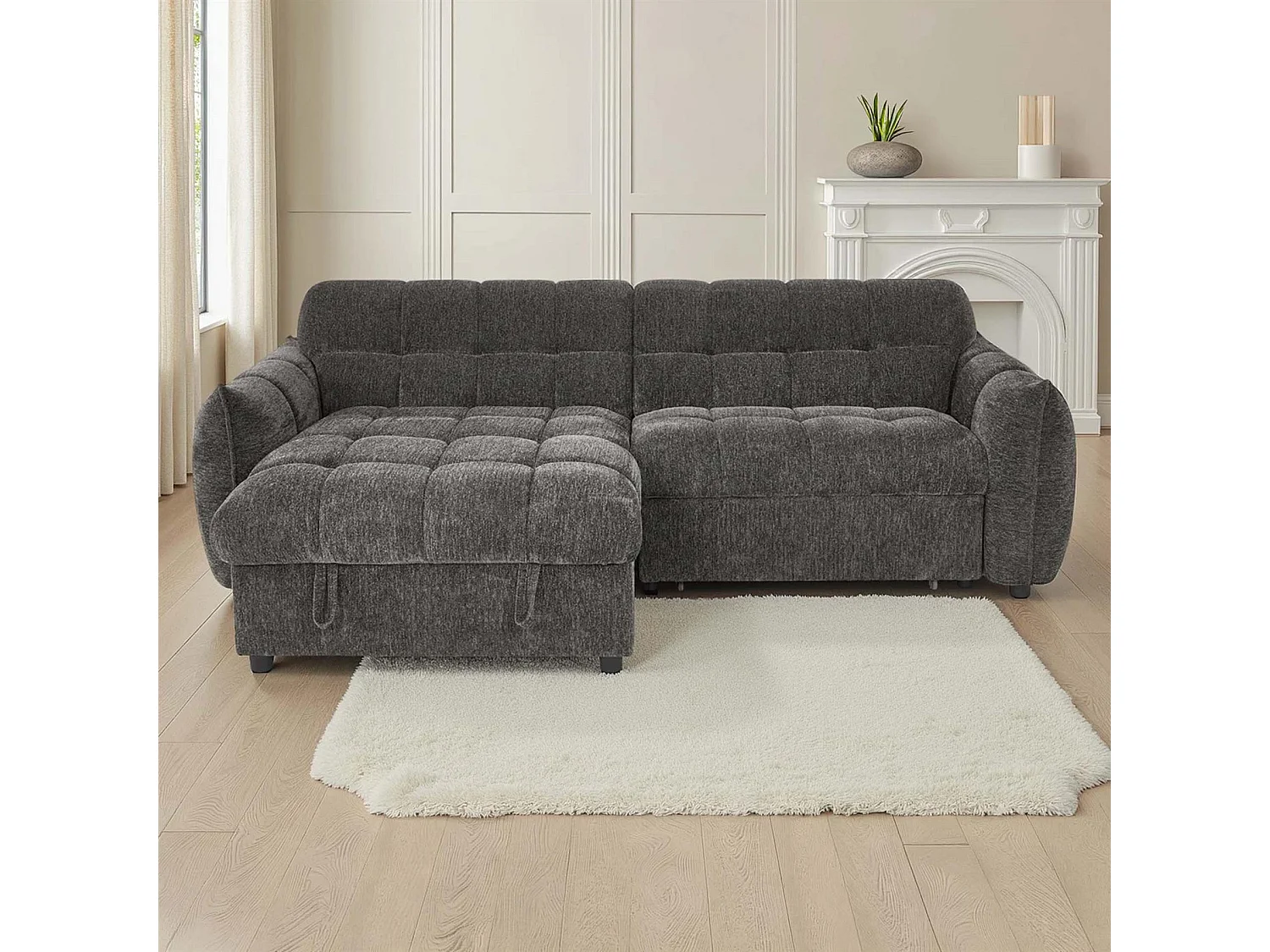 Fenton Grey Universal Corner Sofa Bed with Storage Chaise Chenille