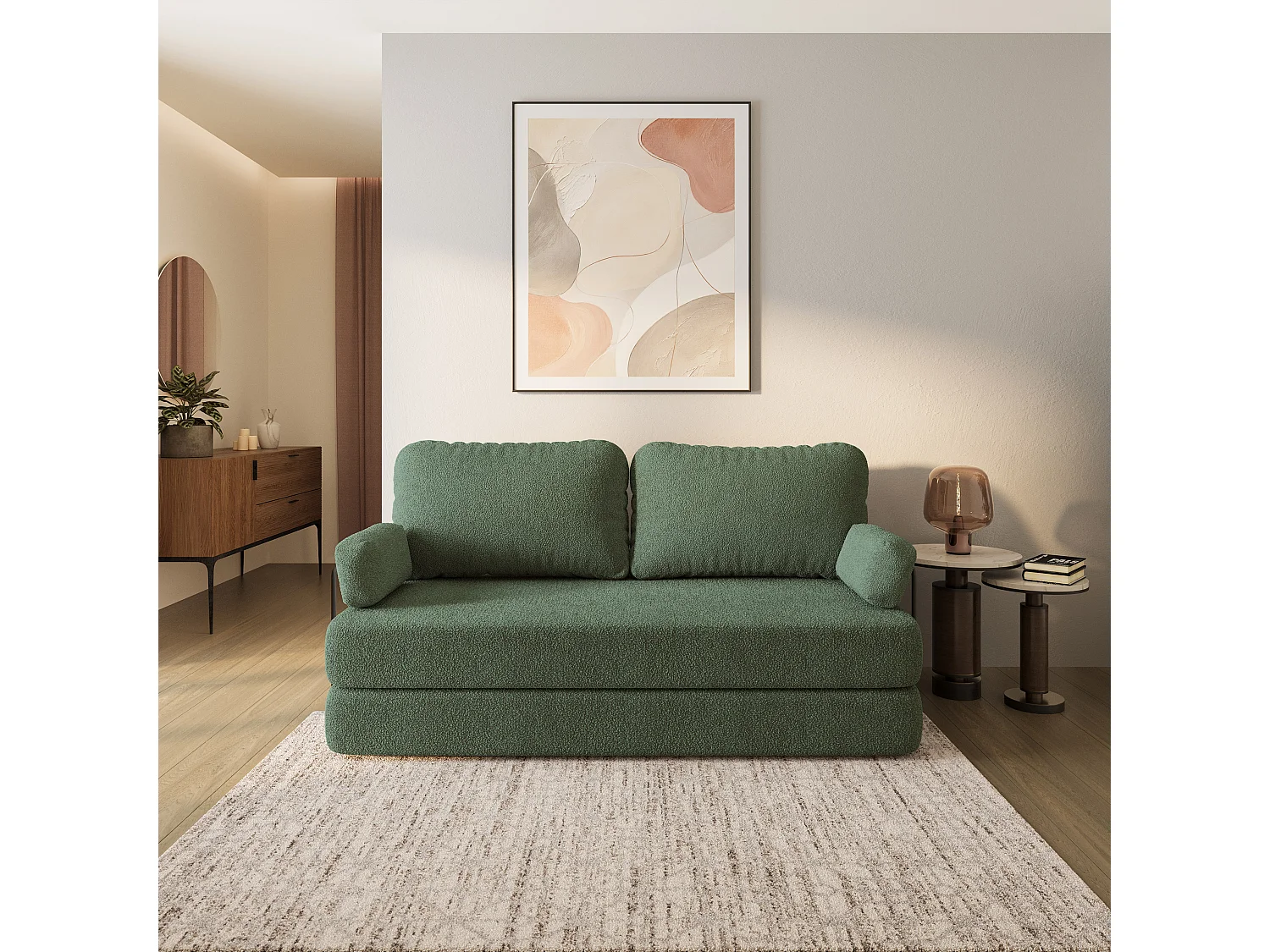 Canapé compressé NIKSI avec cadre métallique, Tissu bouclé, Vert