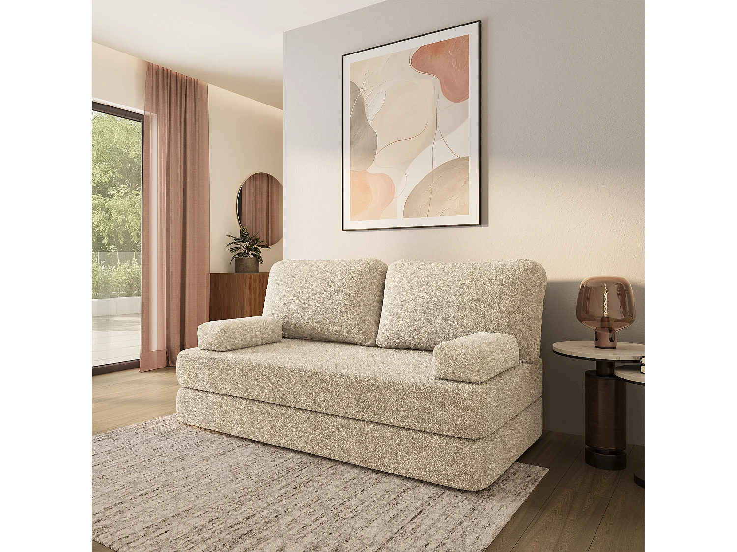 Canapé compressé NIKSI sans cadre métallique, Tissu bouclé, Crème