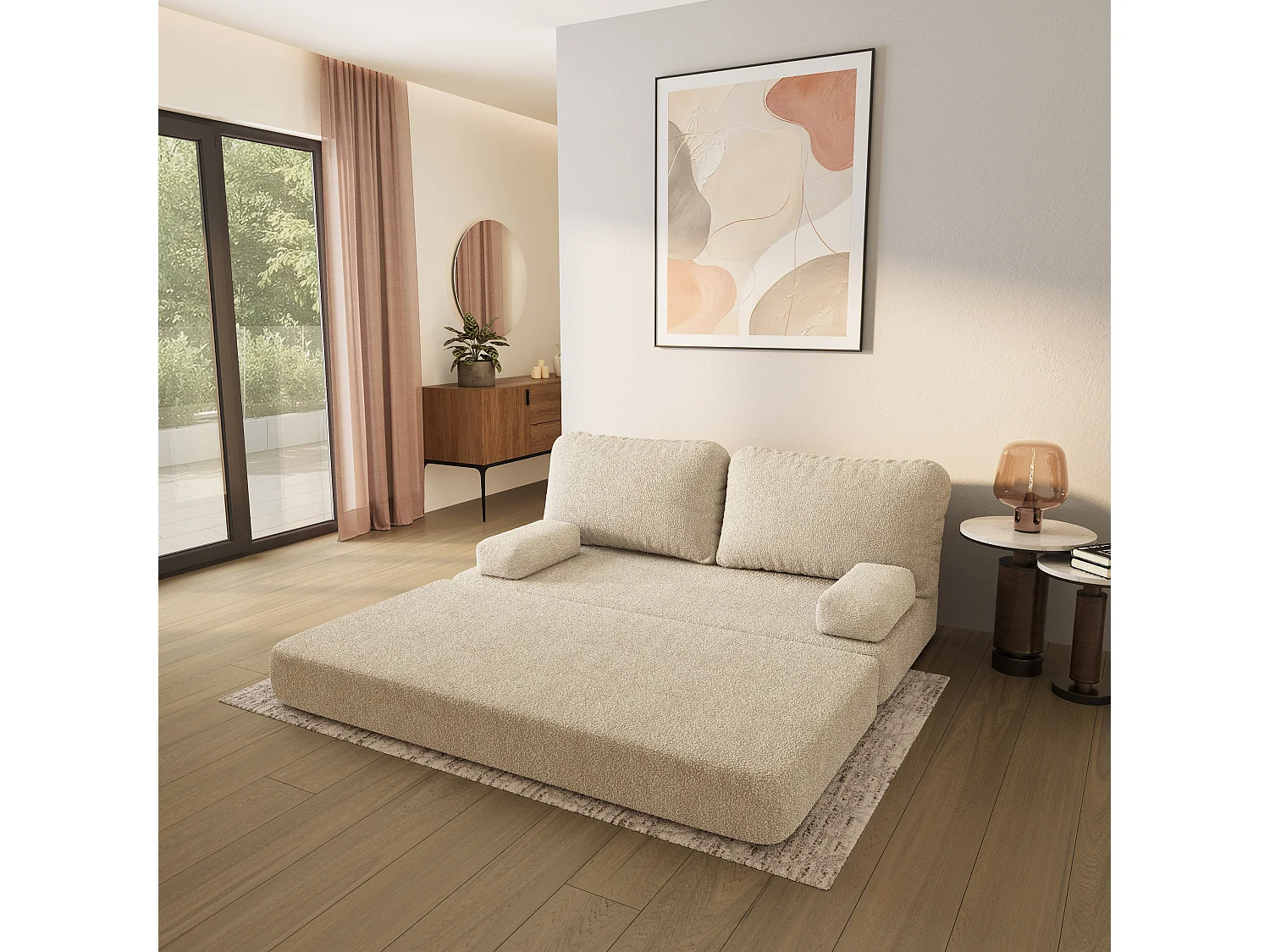 Canapé compressé NIKSI sans cadre métallique, Tissu bouclé, Crème