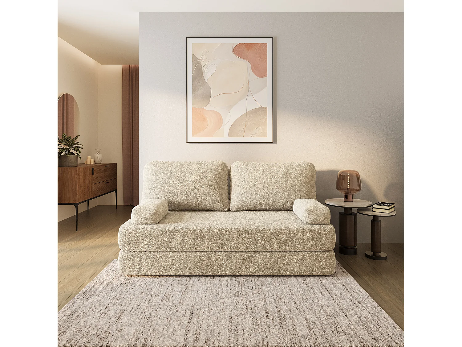 Canapé compressé NIKSI sans cadre métallique, Tissu bouclé, Crème