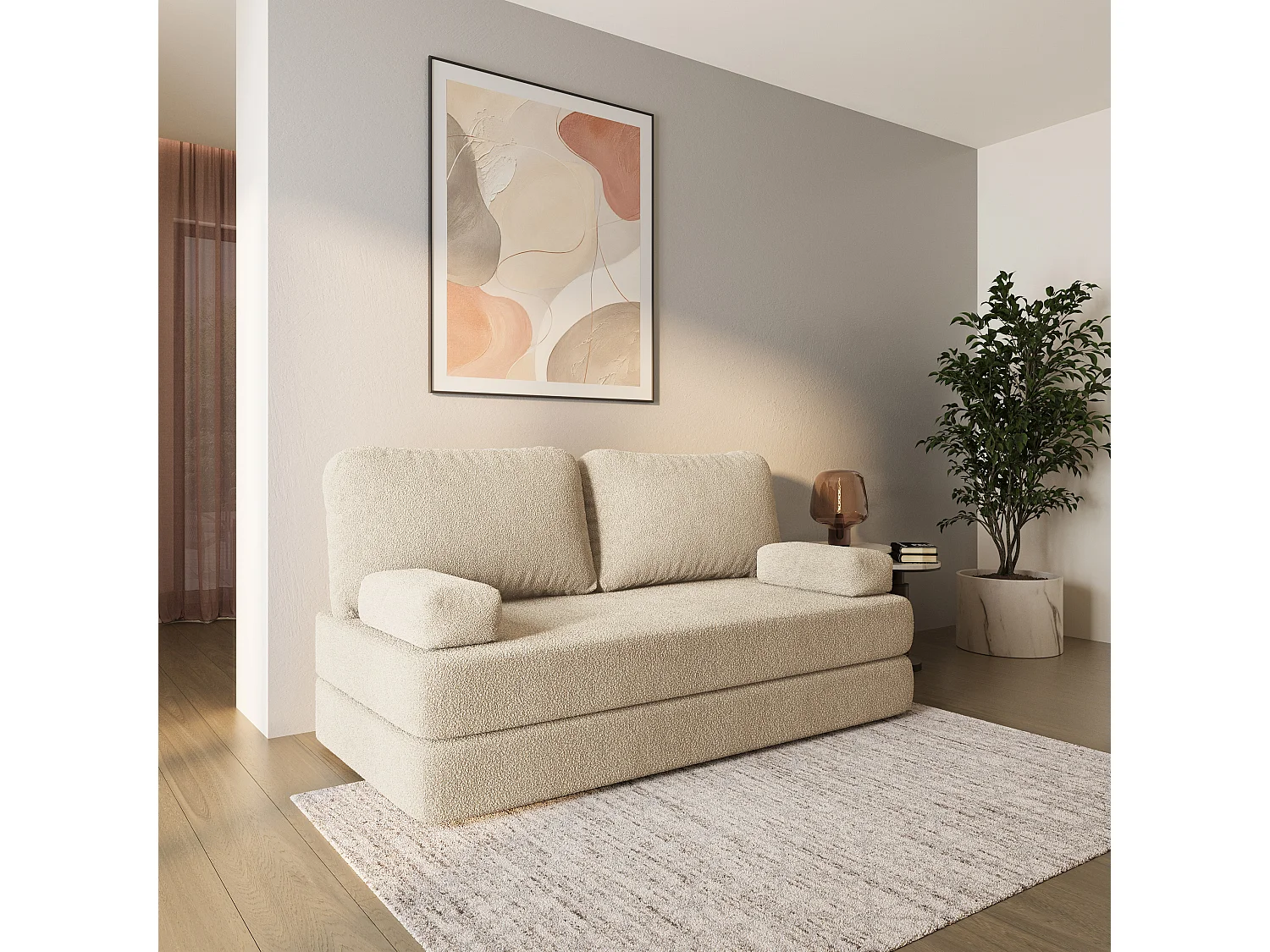 Canapé compressé NIKSI sans cadre métallique, Tissu bouclé, Crème