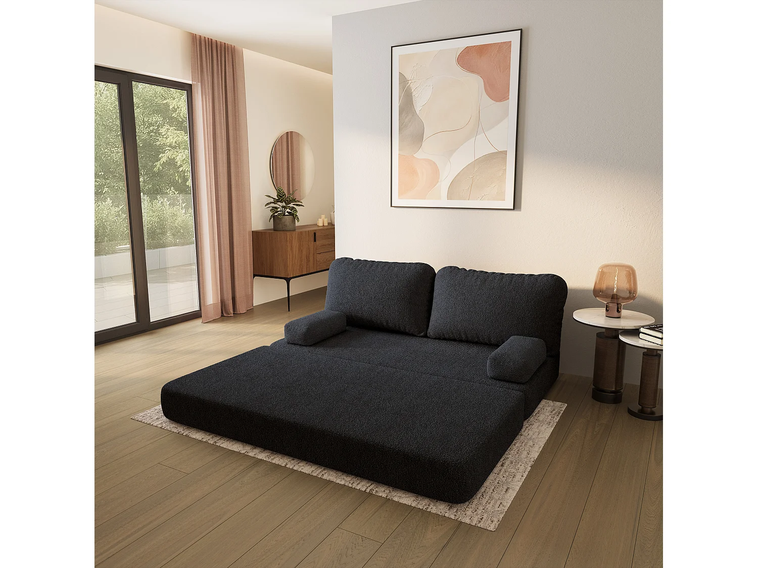 Canapé compressé NIKSI sans cadre métallique, Tissu bouclé, Noir