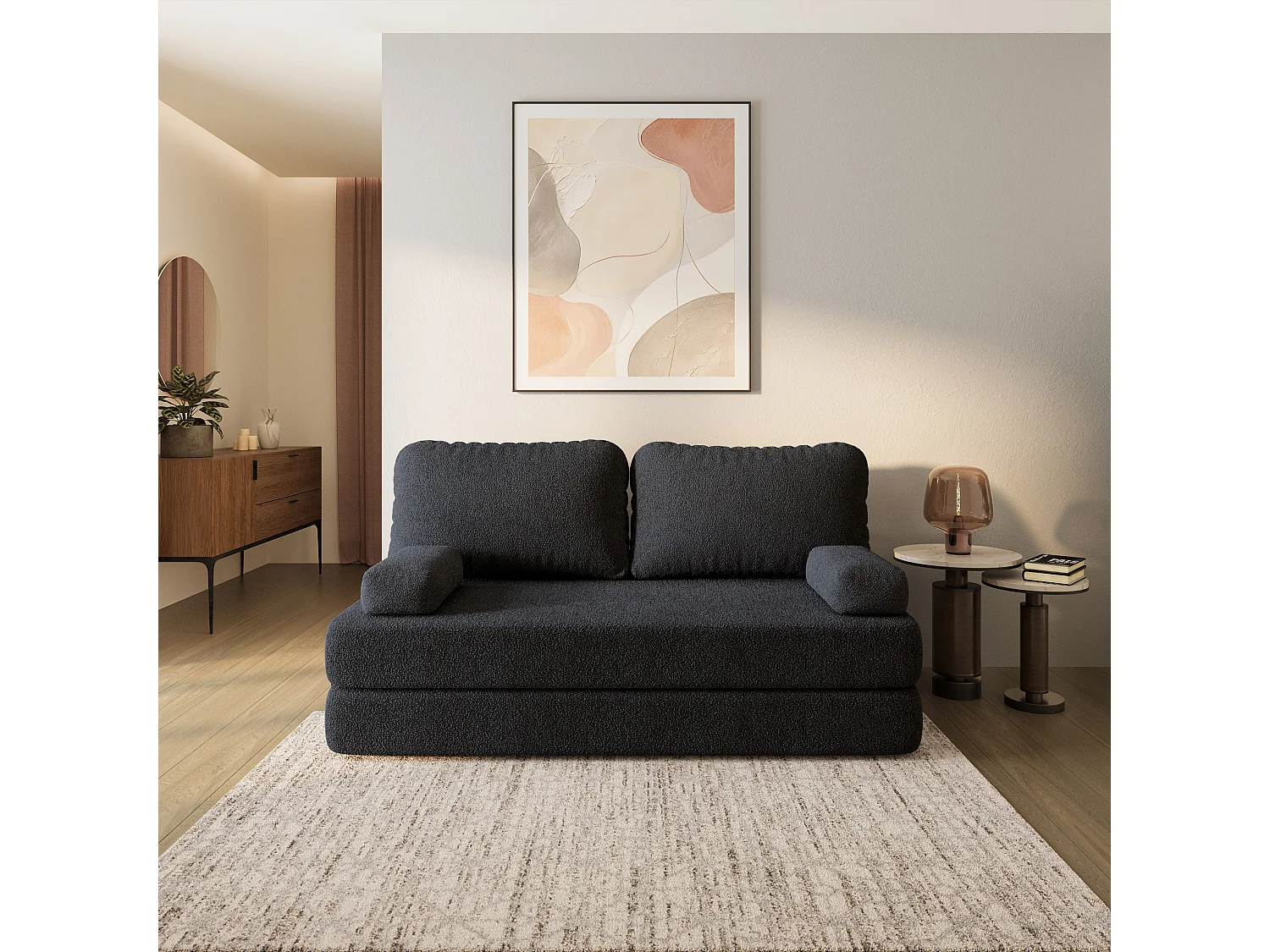 Canapé compressé NIKSI sans cadre métallique, Tissu bouclé, Noir
