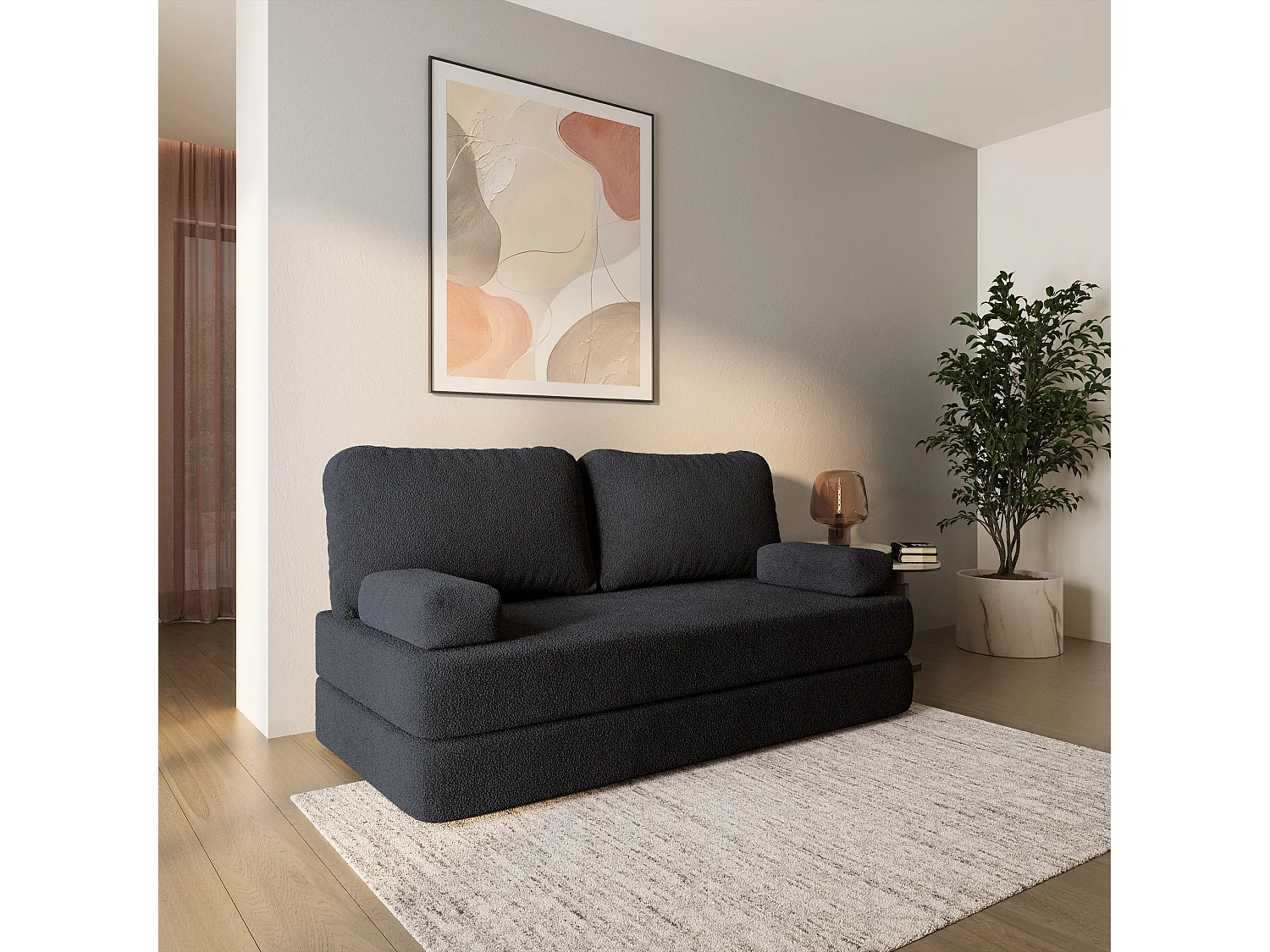Canapé compressé NIKSI sans cadre métallique, Tissu bouclé, Noir