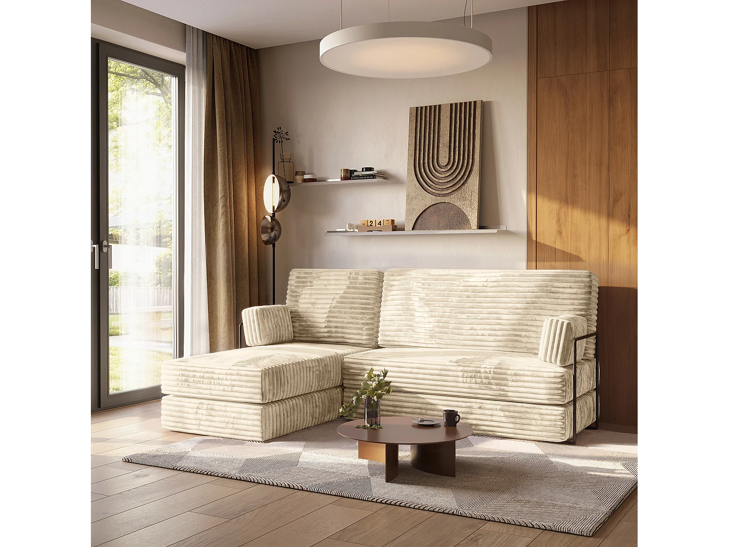 Canapé convertible compressé NOTIA, avec cadre métallique, velours côtelé TILIA Crème