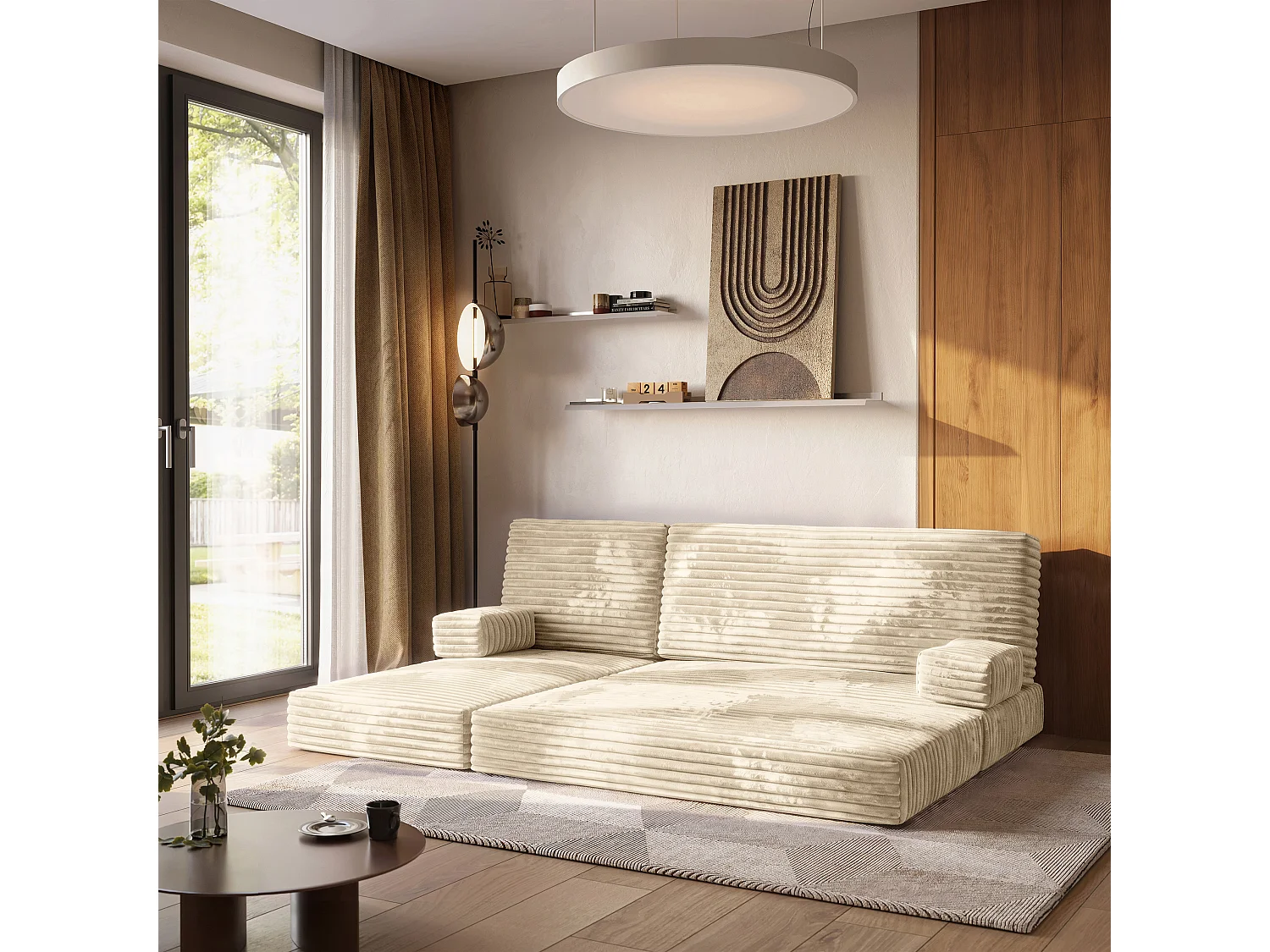 Canapé convertible compressé NOTIA, avec cadre métallique, velours côtelé TILIA Crème