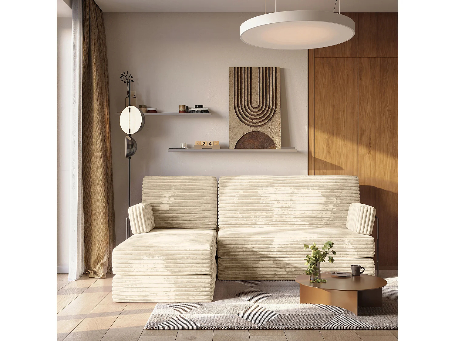 Canapé convertible compressé NOTIA, avec cadre métallique, velours côtelé TILIA Crème