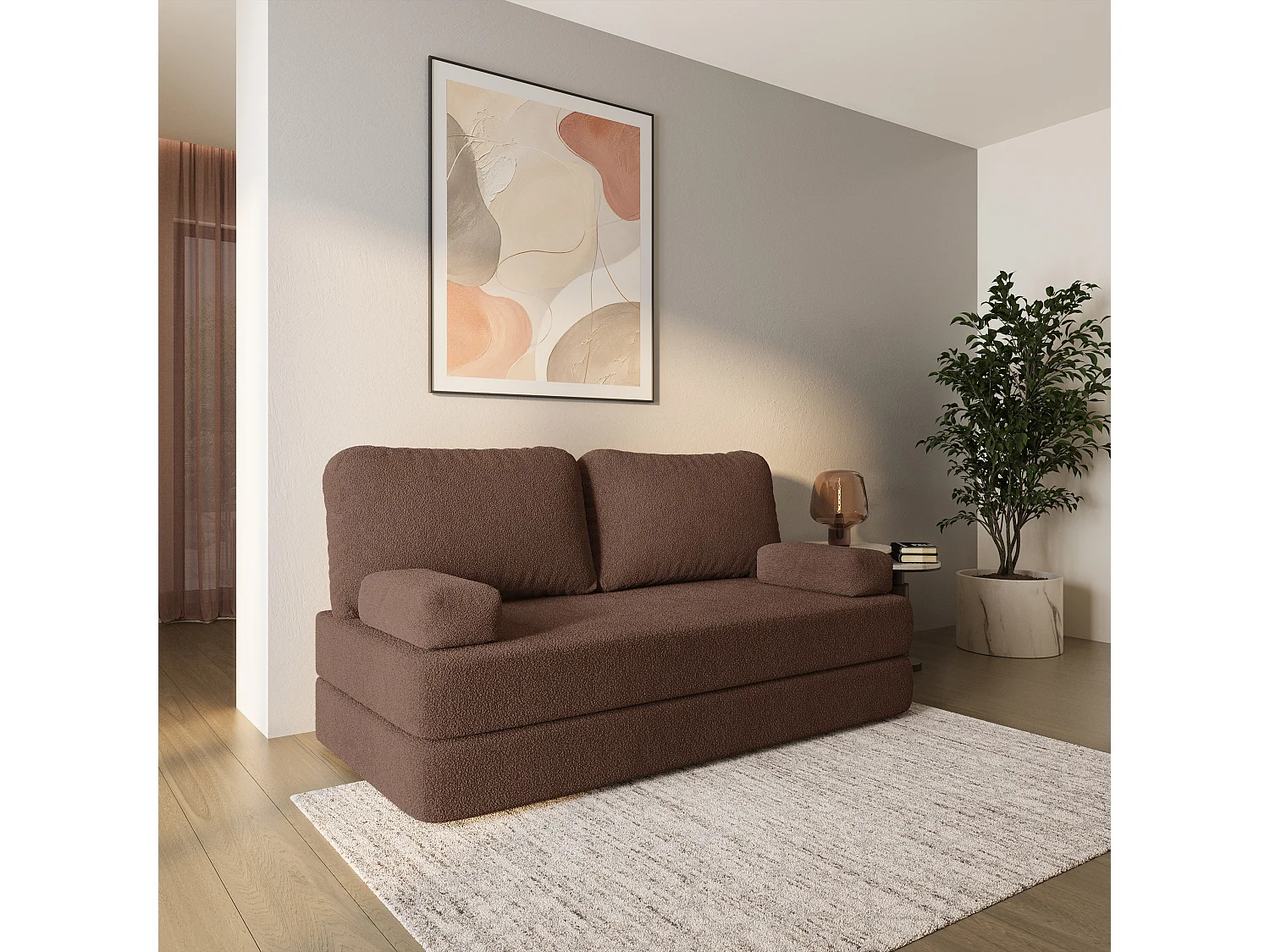 Canapé compressé NIKSI sans cadre métallique, Tissu bouclé, Marron