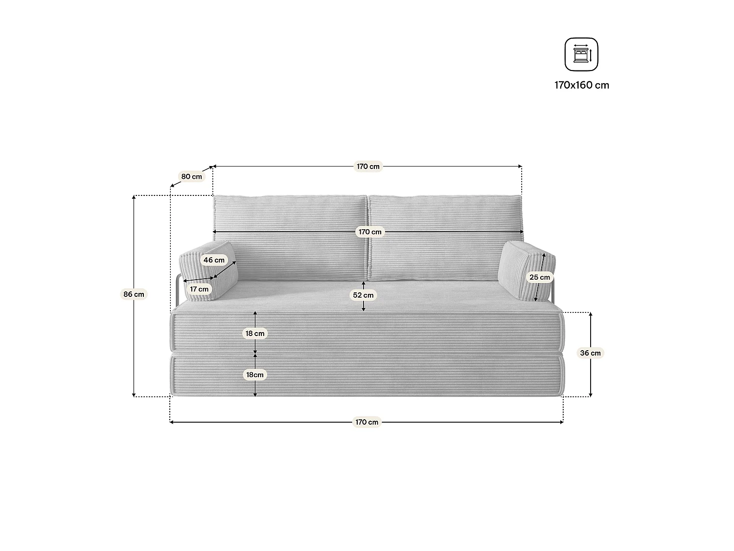 Canapé compressé SILAR avec cadre métallique, Velours côtelé POSO, Bruyère