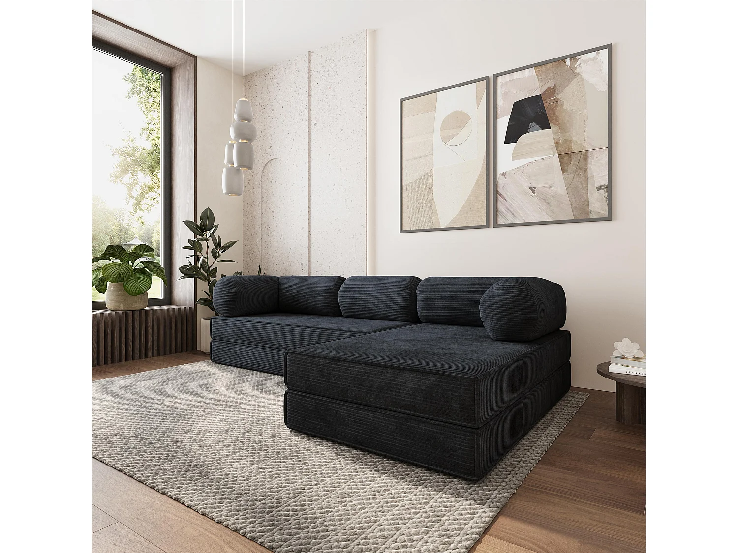 Canapé convertible compressé ETERA, sans cadre métallique, velours côtelé POSO Noir