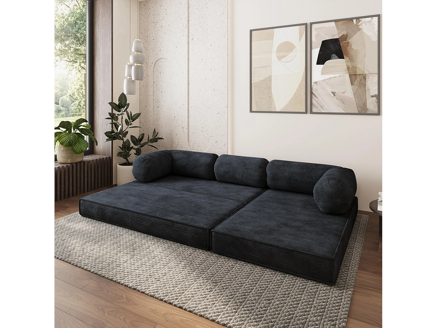 Canapé convertible compressé ETERA, sans cadre métallique, velours côtelé POSO Noir