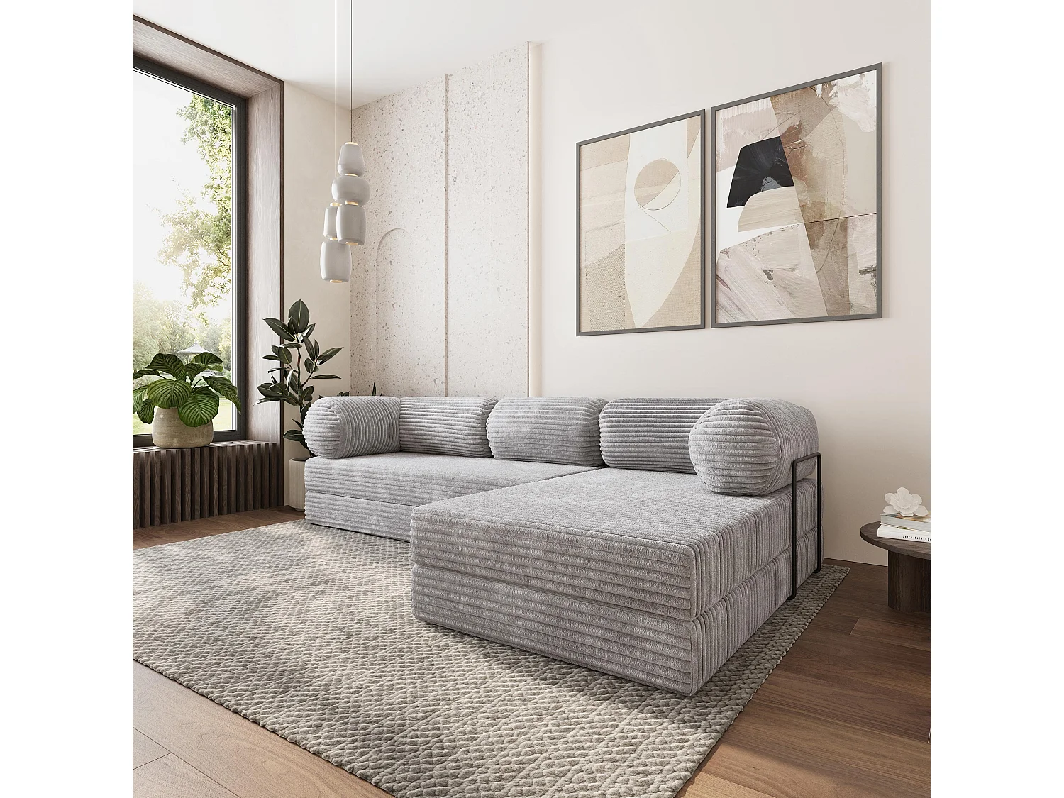 Canapé convertible compressé ETERA, avec cadre métallique, velours côtelé TILIA Gris clair