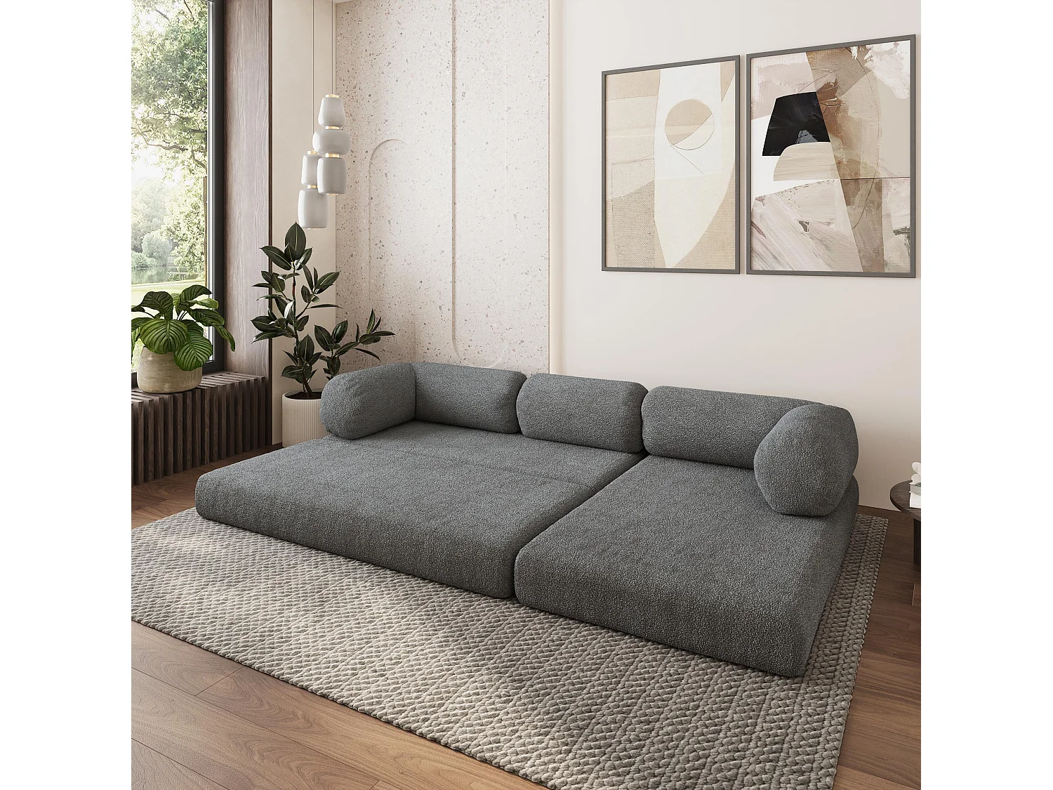 Canapé convertible compressé KELI, sans cadre métallique, bouclé Gris