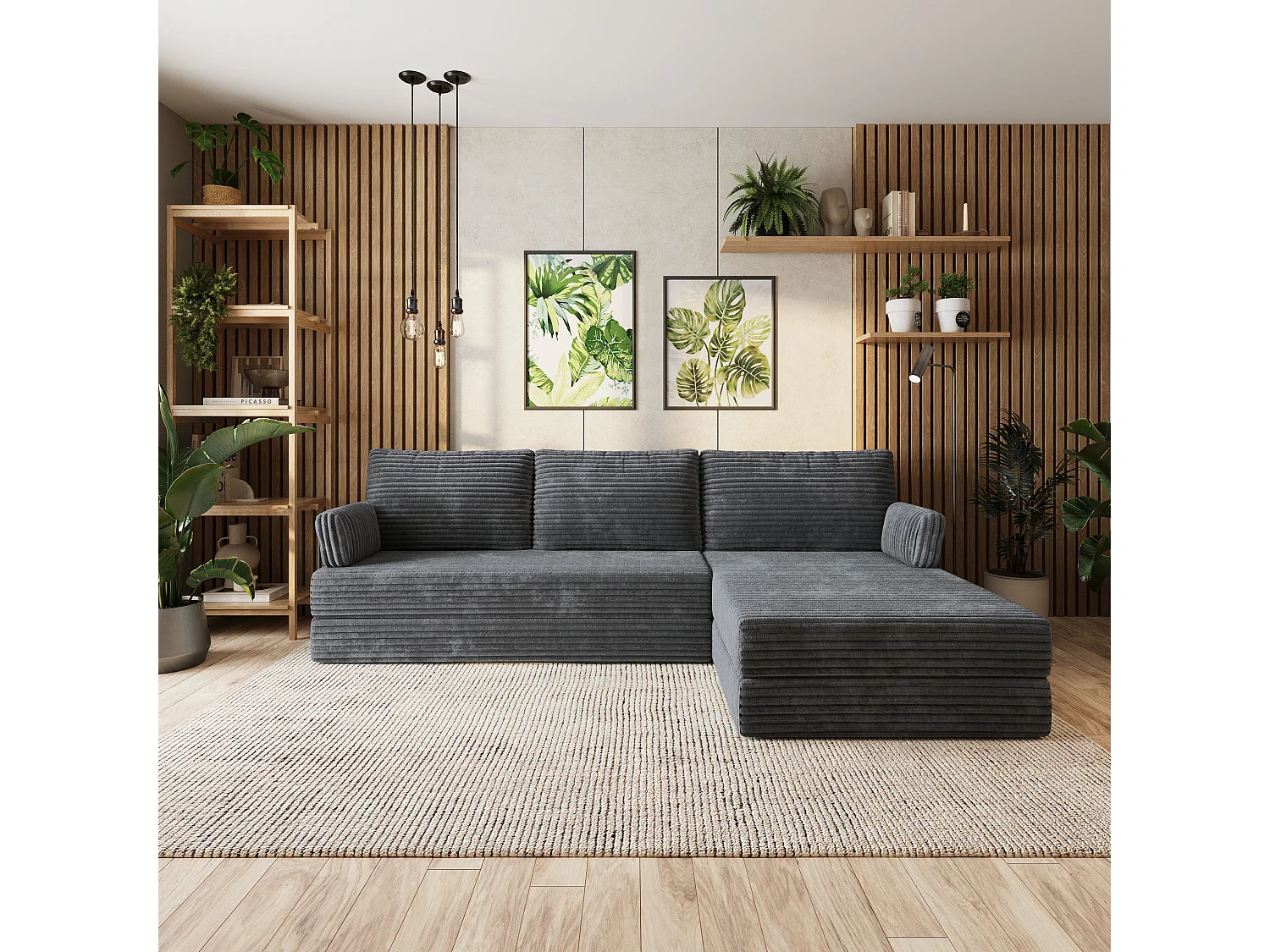 Canapé convertible compressé ANKO, avec cadre métallique, velours côtelé TILIA Gris
