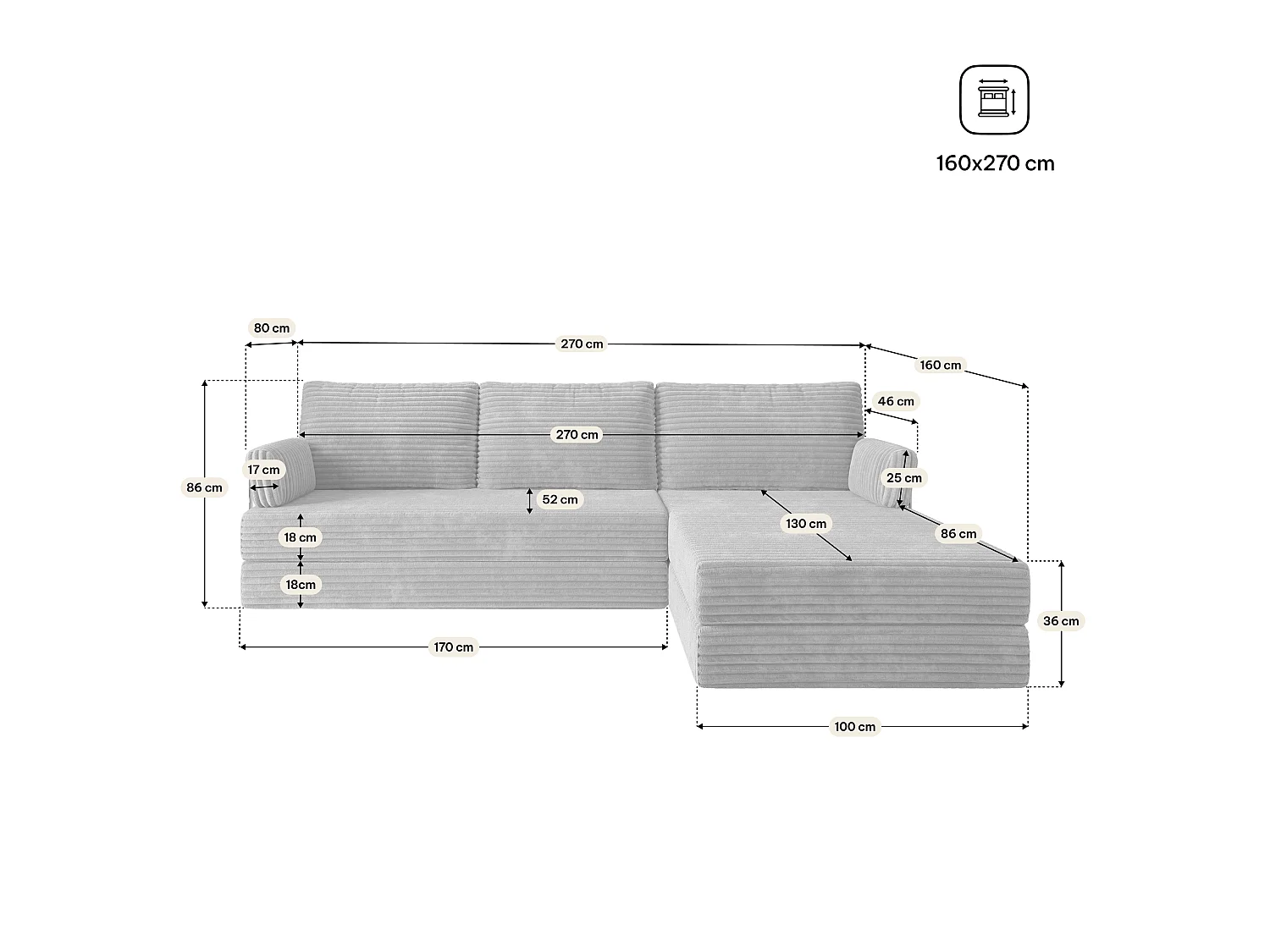 Canapé convertible compressé ANKO, avec cadre métallique, velours côtelé TILIA Gris