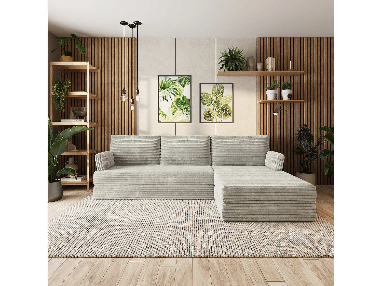Canapé convertible compressé ANKO, avec cadre métallique, velours côtelé TILIA Gris clair