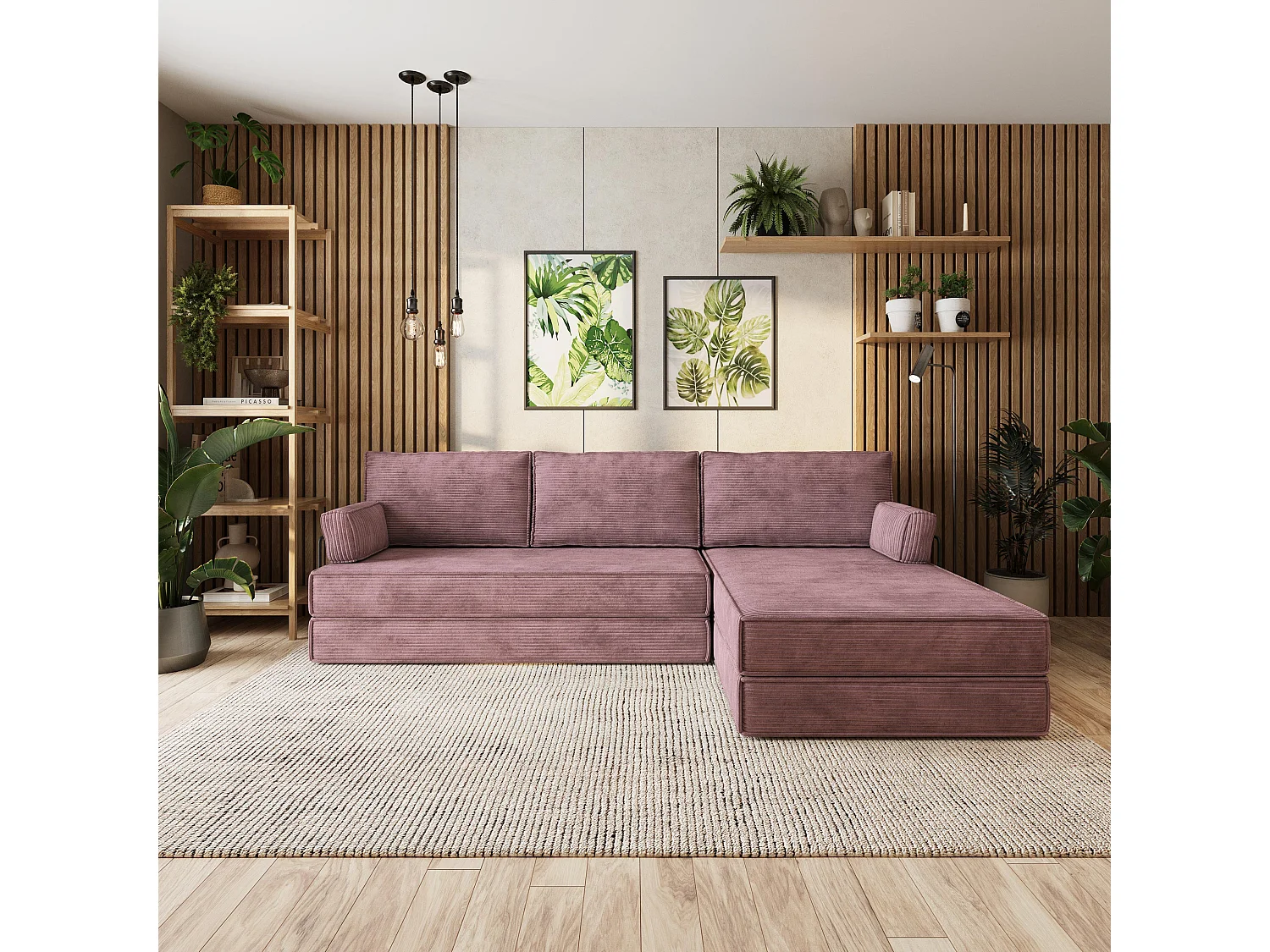 Canapé convertible compressé ANKO, avec cadre métallique, velours côtelé POSO Violet
